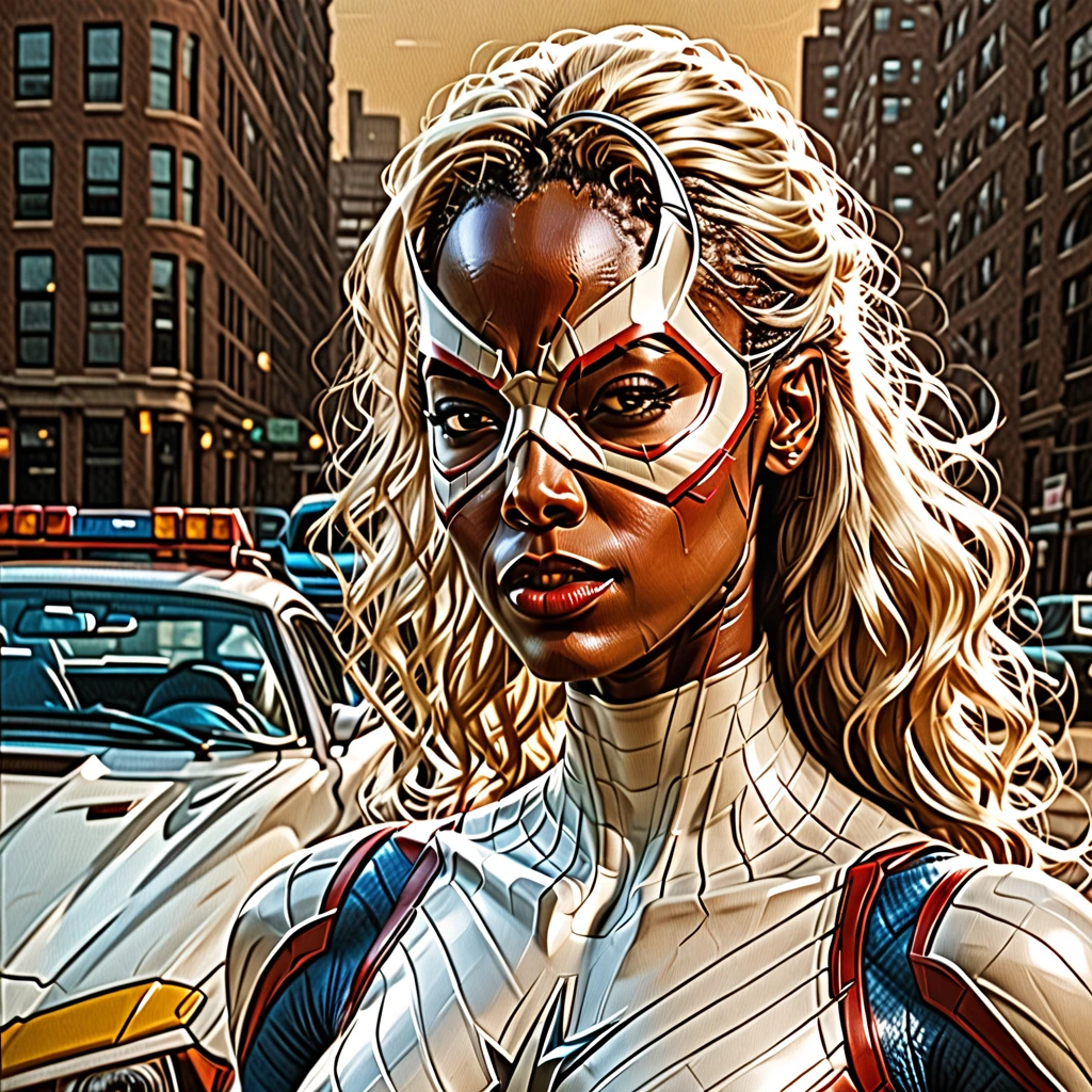 white dress, dark skin, motor vehicle, brown background, building, superhero, blonde hair, lips, helmet, portrait