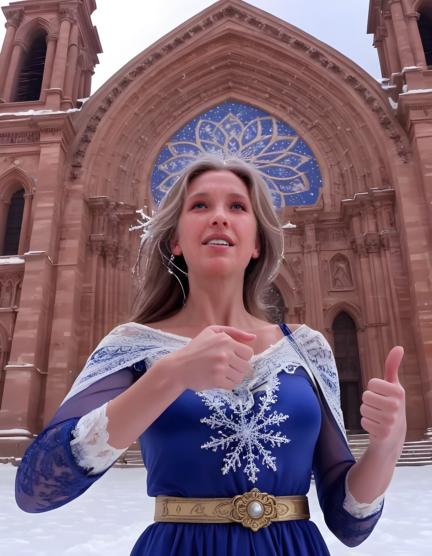 In a winter wonderland, with snowflakes gently cascading around her, Petra Davidson stands in an ethereal pose against the backdrop of an ancient, gothic cathedral. She is clad in a Victorian-inspired outfit: a long, royal blue dress adorned with intricate lace patterns and a satin ribbon cinched tightly around her waist by a gleaming golden belt. Her raven hair cascades down her back like a waterfall of silk, twisting and turning in the cold wind. A halo made of ice crystals hovers above her head, casting a soft, celestial glow upon her face as she gives a confident thumbs-up with one hand, while the other cradles her warm hands to her chest against the chill. The camera captures this moment from a low angle, emphasizing Petra's regal bearing and the vastness of the cathedral looming behind her, creating an emotional tone of empowerment and resilience in the face of adversity.