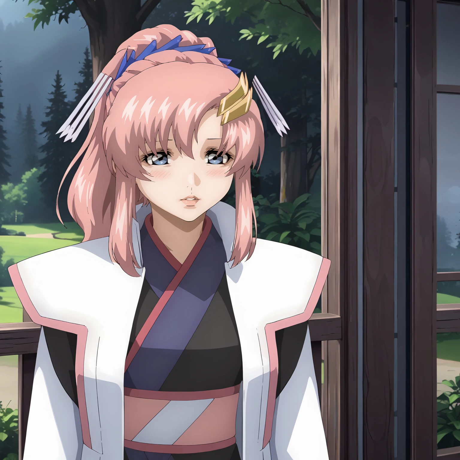 <lora:LacusClyneXLpony002>,
looking at viewer,parted lips,blush,half-closed eyes,
solo,
LacusClyne,1girl,pink hair,ponytail,blue eyes,
hair ornament,
white coat,kimono,
mini skirt,
outdoors,nature,
standing,upper body,