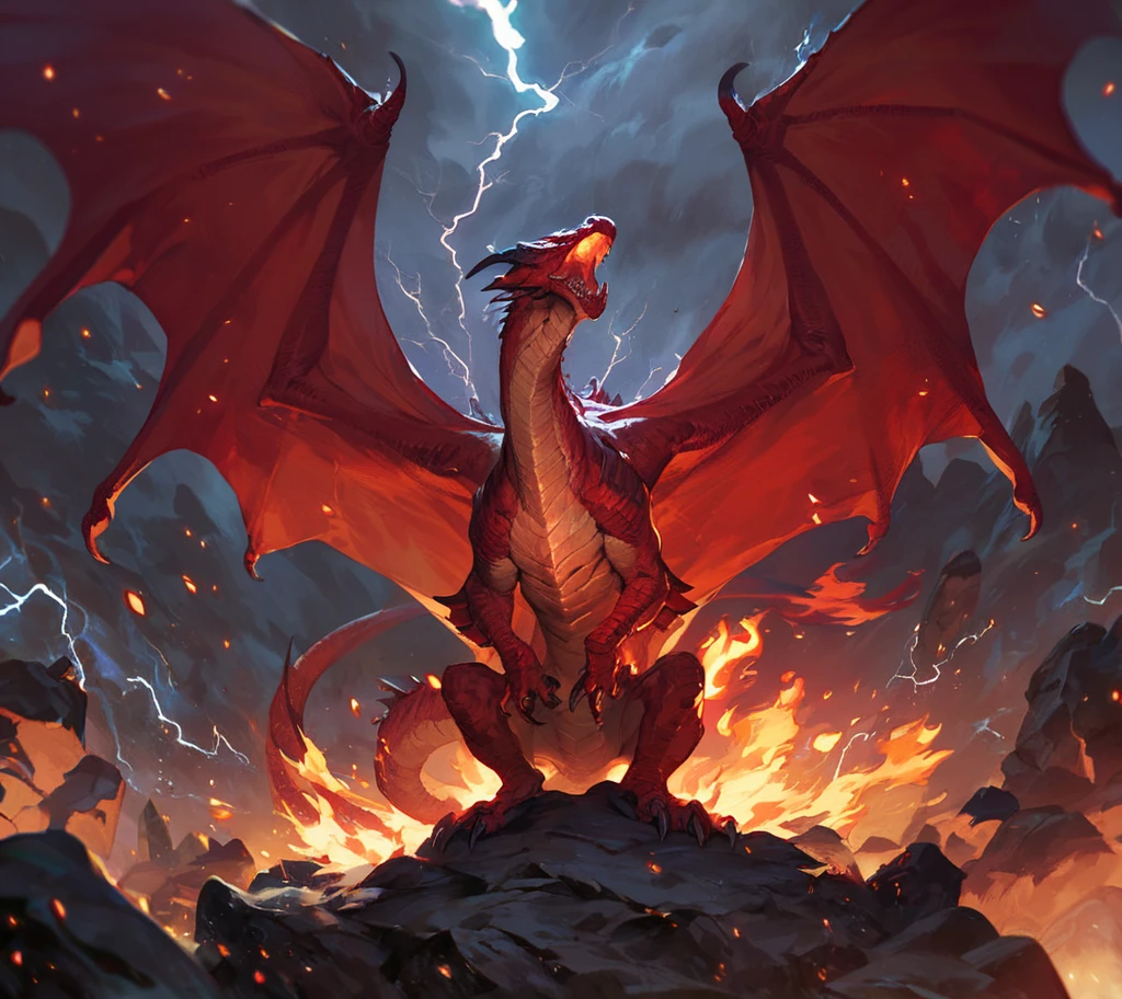 (score_9:1.5), (score_8_up:1.2), score_7_up, score_6_up, red dragon engulfed in flames and with glowing eyes perched on a rock, front view, open mouth, male, roar, fire, spread wings, embers, menacing, detailed red scales, epic, thunderstorm, lightning, dark  <lora:ponydragon-xl-v1:1>, feral