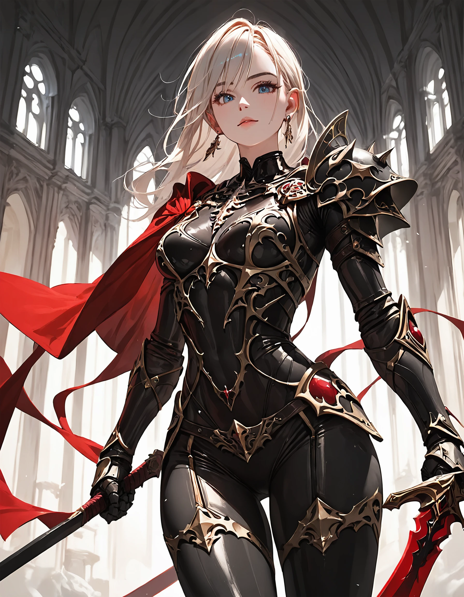 score_9, score_8_up, score_7_up, 
holding red sword,
1girl, solo, breasts, gauntlets, shoulder armor,
looking at viewer, standing, bodysuit,
medium breasts,
(in the dark, deep shadow, low key, cold light),
exquisite and clear,
beautiful face, earrings
fantasy armor
<lora:hinaMixArmor_pony-rev:0.6>