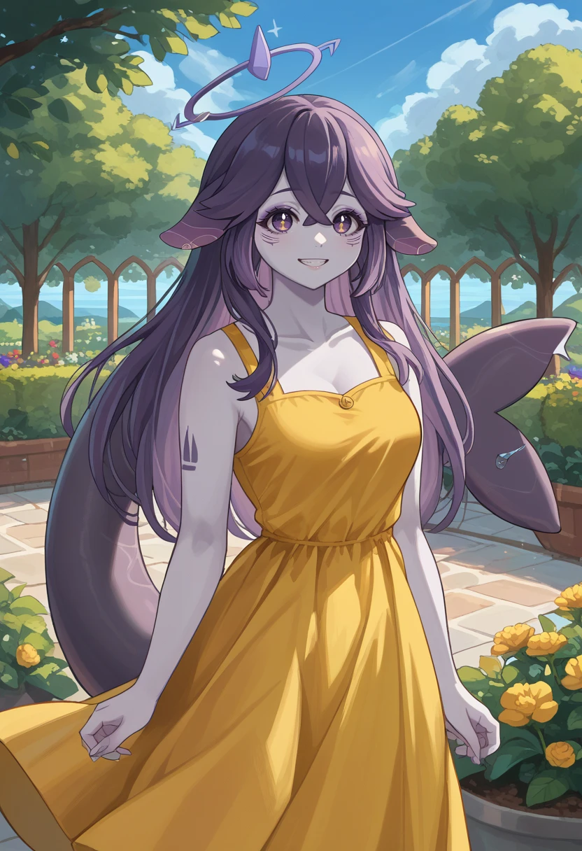 score_9, score_8_up, source_anime, 1girl, solo, MegalodonVTuber, long hair, hair flaps, halo, cetacean tail, colored skin, yellow sundress, garden, day, sunshine, smile, <lora:ChamMegalodonPonyXL:1>