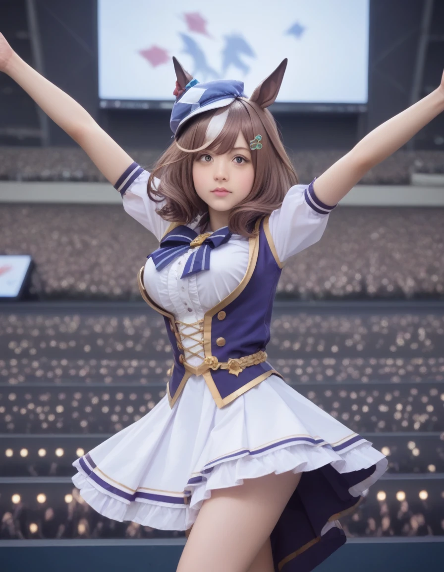 score_9, score_8_up, score_7_up, best quality, masterpiece,(realistic,real, photo realistic:1.5),cowboy shot,knee up,Cool pose,dynamic pose, female,gigantic breasts,bouncing breast , animal ears, , <lora:[stage]:0.7>stage,audience,(crowd:1.4),(big screen monitor:1.4),(umamusume:1.1),
<lora:tan.pony:0.65> tan, tan, school,, tan, race,