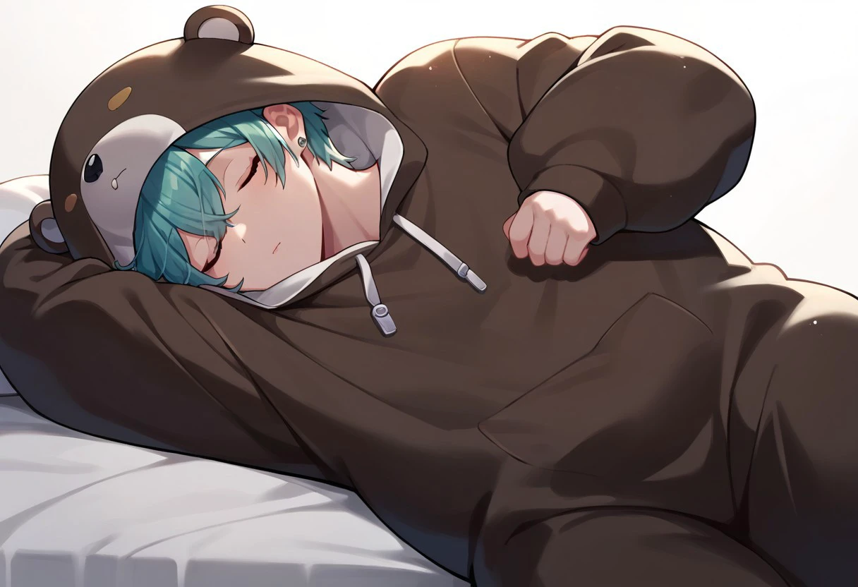 kpop boy, Victoria violet short hair, in purple cute sweater outfit, seated on a bed, inside bedroom, chill lofi, wake up with a sleepy look, holding a pillow