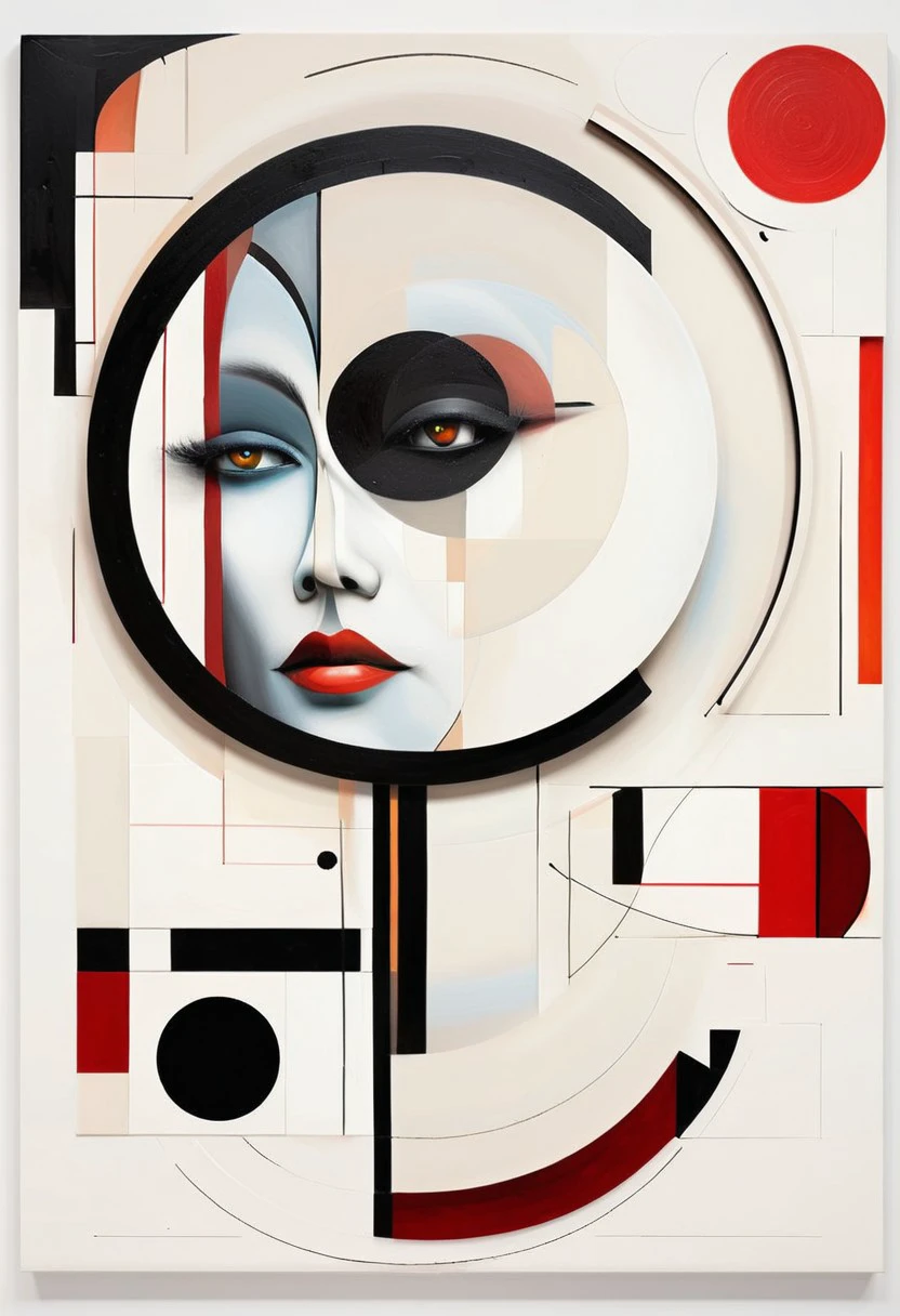 a bird's-eye perspective, a striking abstract painting takes center stage on a light beige canvas. the painting is composed of a series of geometric shapes, predominantly black, white, and red, arranged in a circular pattern. the black shapes dominate the majority of the composition, while the white shapes are subtly revealed in the lower right corner. the painting's title, "dancing couple," is subtly etched into the lower right corner of the canvas.