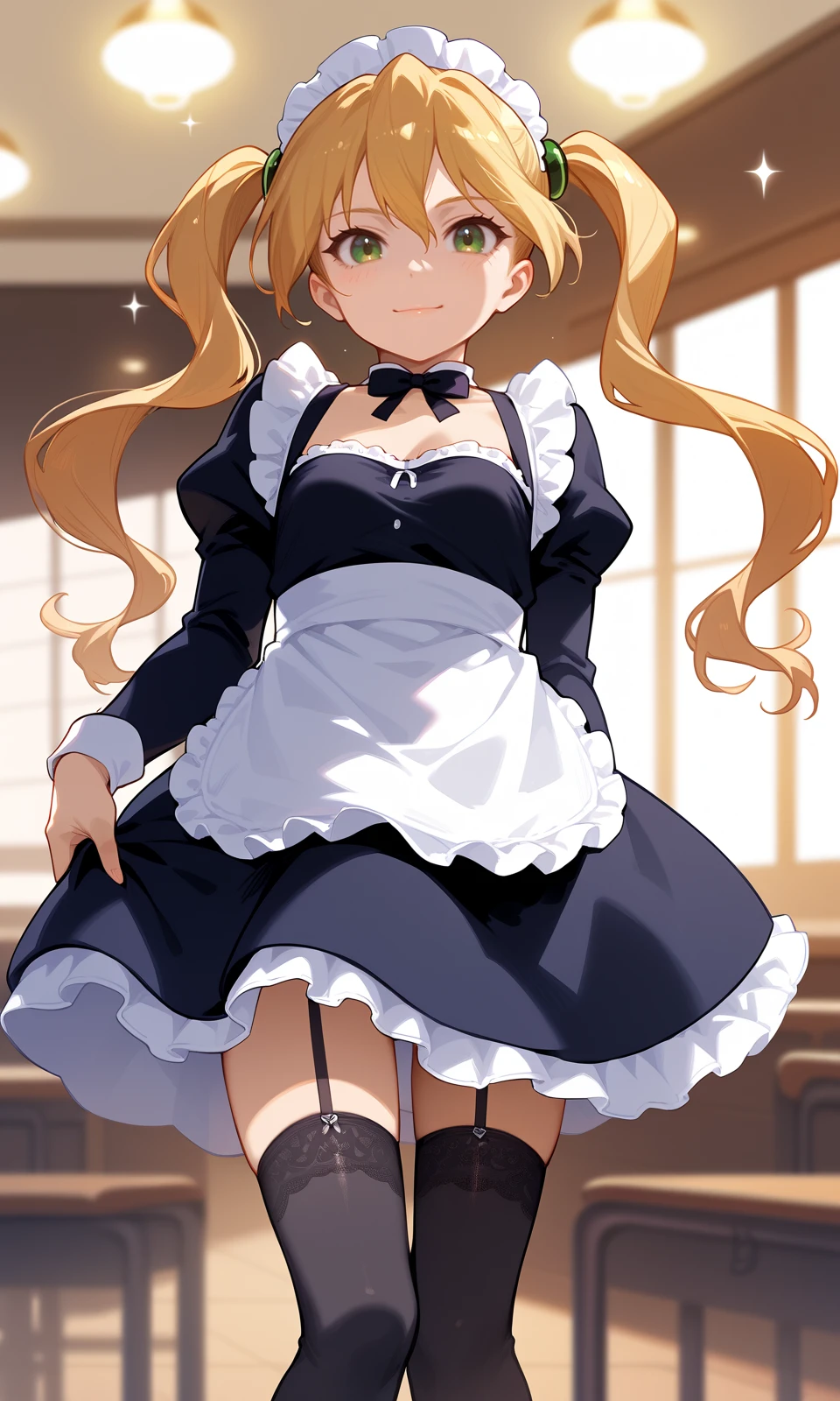 score_9, score_8_up, score_7_up, score_6_up, BREAK
1girl, himegamikodama, apron, black legwear, blonde hair, breasts, cleavage, detached sleeves, enmaided, garter belt, garter straps, long hair, maid, maid headdress, medium breasts, solo, sparkle, standing, thighhighs, twintails, waitress, green eyes,
looking at viewer, closed mouth, light smile,
indoors,
<lora:HimegamiKodama_Pony:1>