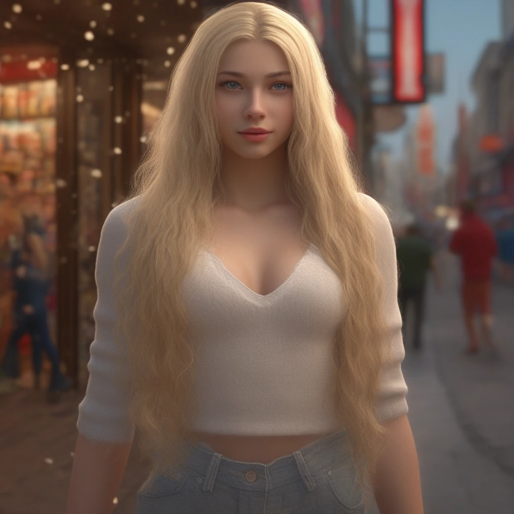 a very cute and loveable girl in a very cute outfit, long cascading blonde hair, store front background, raw, masterpiece, extreme ultra best picture, extreme ultra intricate creative detail, extreme hyper realistic detail, extreme ultra hyper photo realism, extreme ultra-hyper immersive visuals, extreme 3D realistic, ultra 4080p, HD, VFX, SFX, FKAA, TXAA, RTX, SSAO