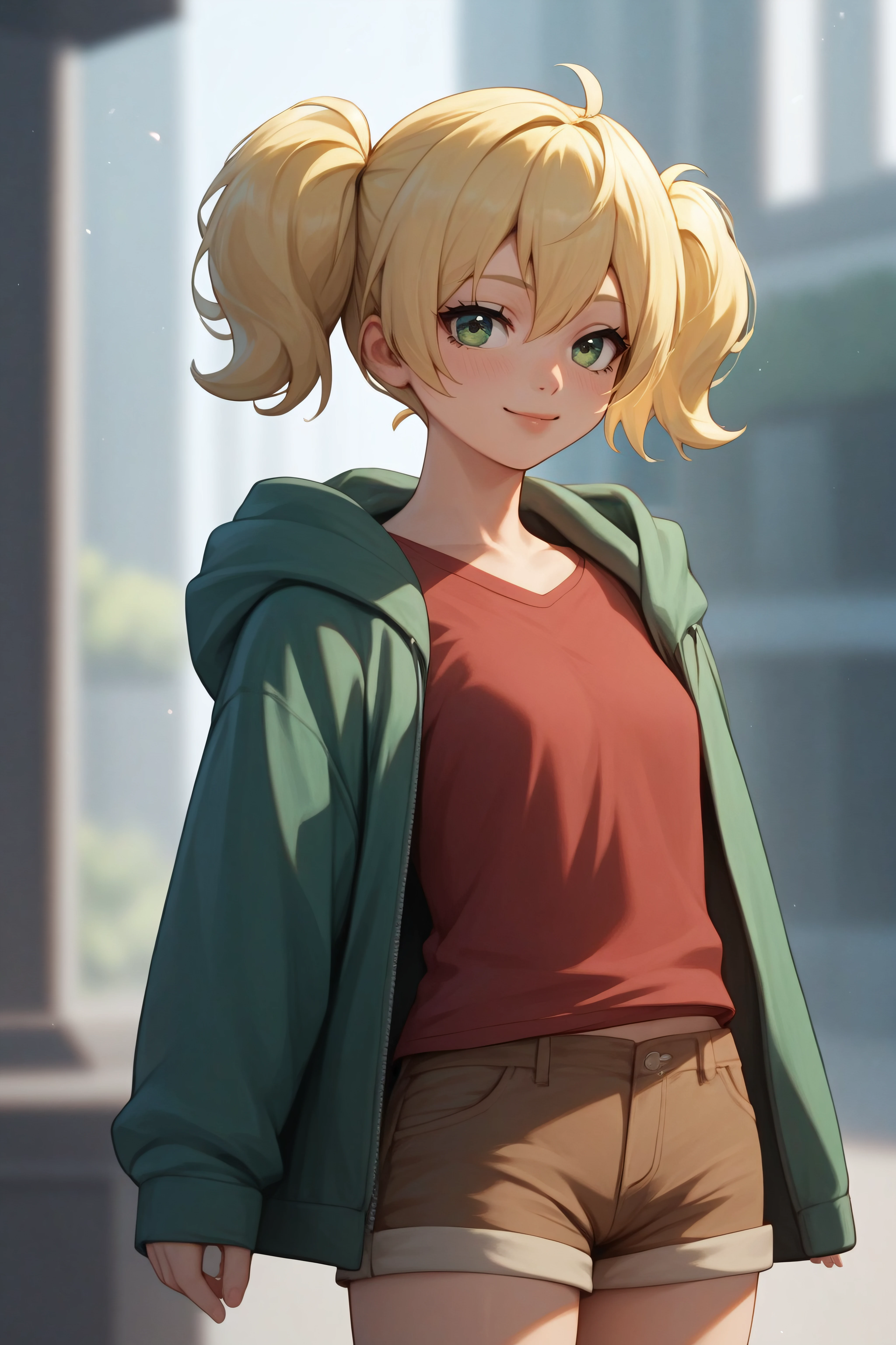 score_9, score_8_up, score_7_up, BREAK source_anime, <lora:Young Cal Devens-PonyXL-lora-Faxtron:0.8> young cal devens, green eyes, blonde hair, short twintails, red shirt, green hooded jacket, brown shorts,