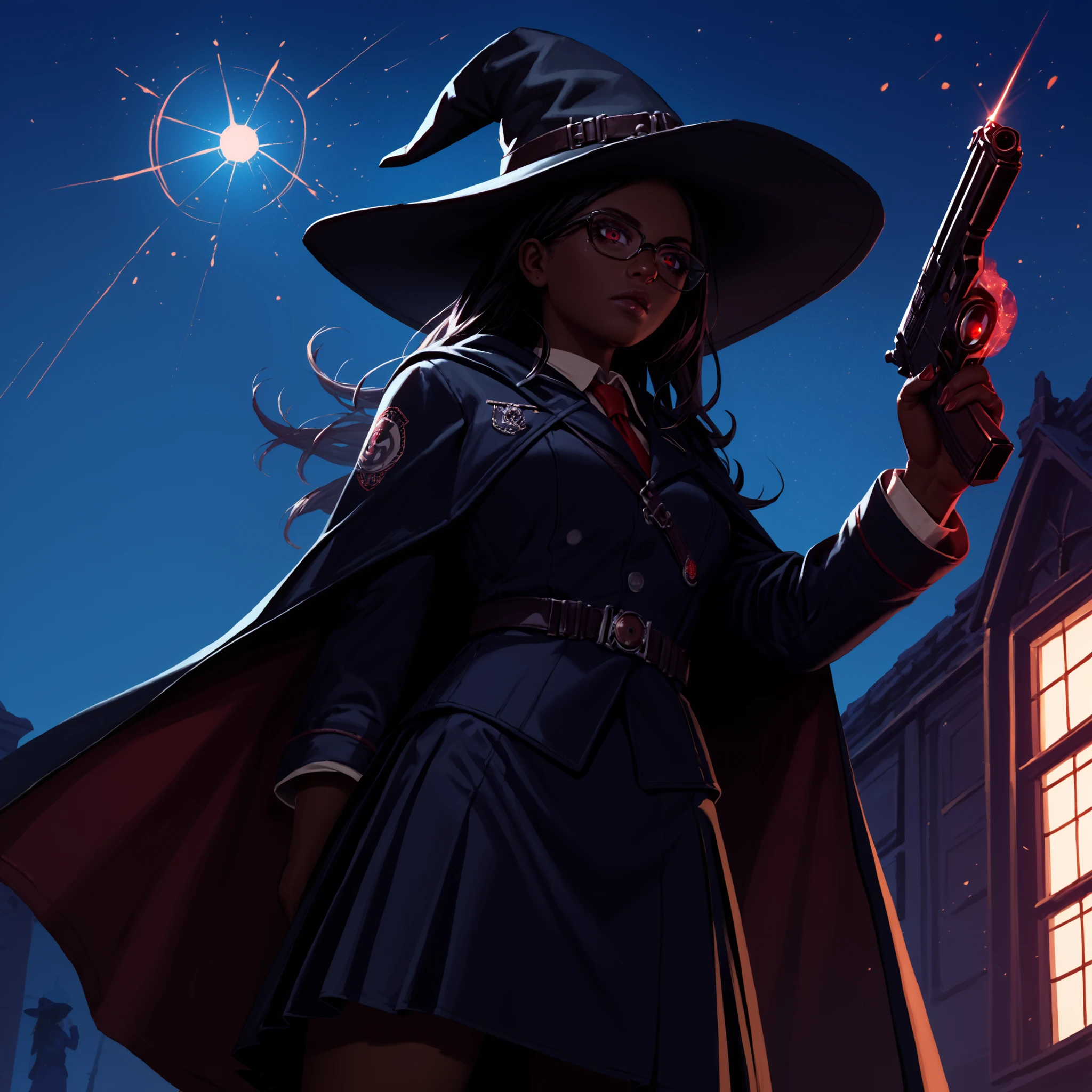 score_9, score_8_up, score_7_up, score_6_up, score_5_up, score_4_up, <lora:BMU-000007:0.99> bmu, uniform, 1girl, dark_skin, skirt, red_tie, witch_hat, casting_spell, magic, holding_gun, cloak, glasses, red_eyes, black_hair, very_long_hair, handgun, night_sky, from_below, long_skirt, long_sleeves, , (high quality, detailed, beautiful)