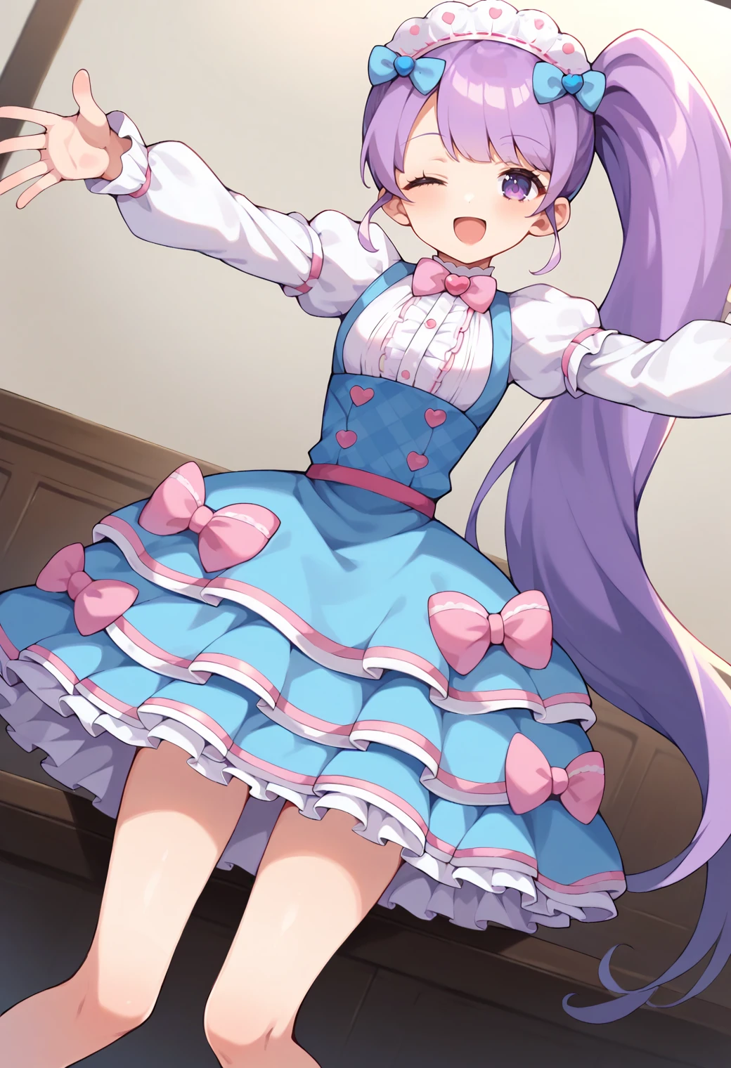 score_9, score_8_up, score_7_up, score_6_up, score_5_up, score_4_up, source_anime,
solo, 1girl, prinonb, side ponytail, very long hair, purple eyes,
blue dress, plaid, maid headdress, hair bow, blue bow, pink bow, puffy sleeves, long sleeves, ribbon trim,
looking at viewer, smile, open mouth, half-closed eyes,
<lora:_manaka_non-elesico-pony-e12:0.9>