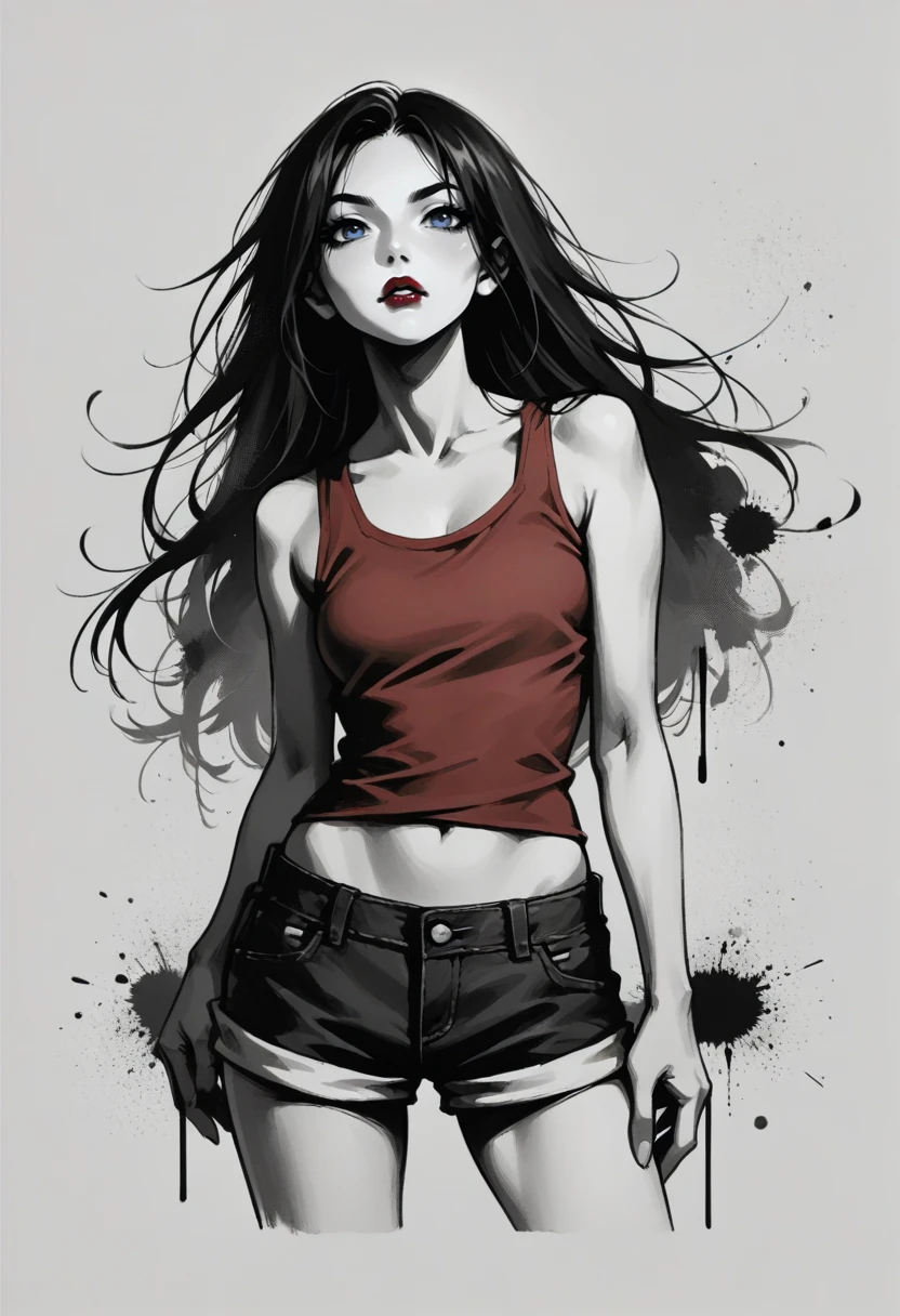 score_9, score_8_up, score_7_up, source_anime, <lora:monochromemuse:1>, monochromemuse, monochrome, greyscale, ink splatter, female, long hair, tank top, hotpants, red lipstick, blue eyes, red shirt,