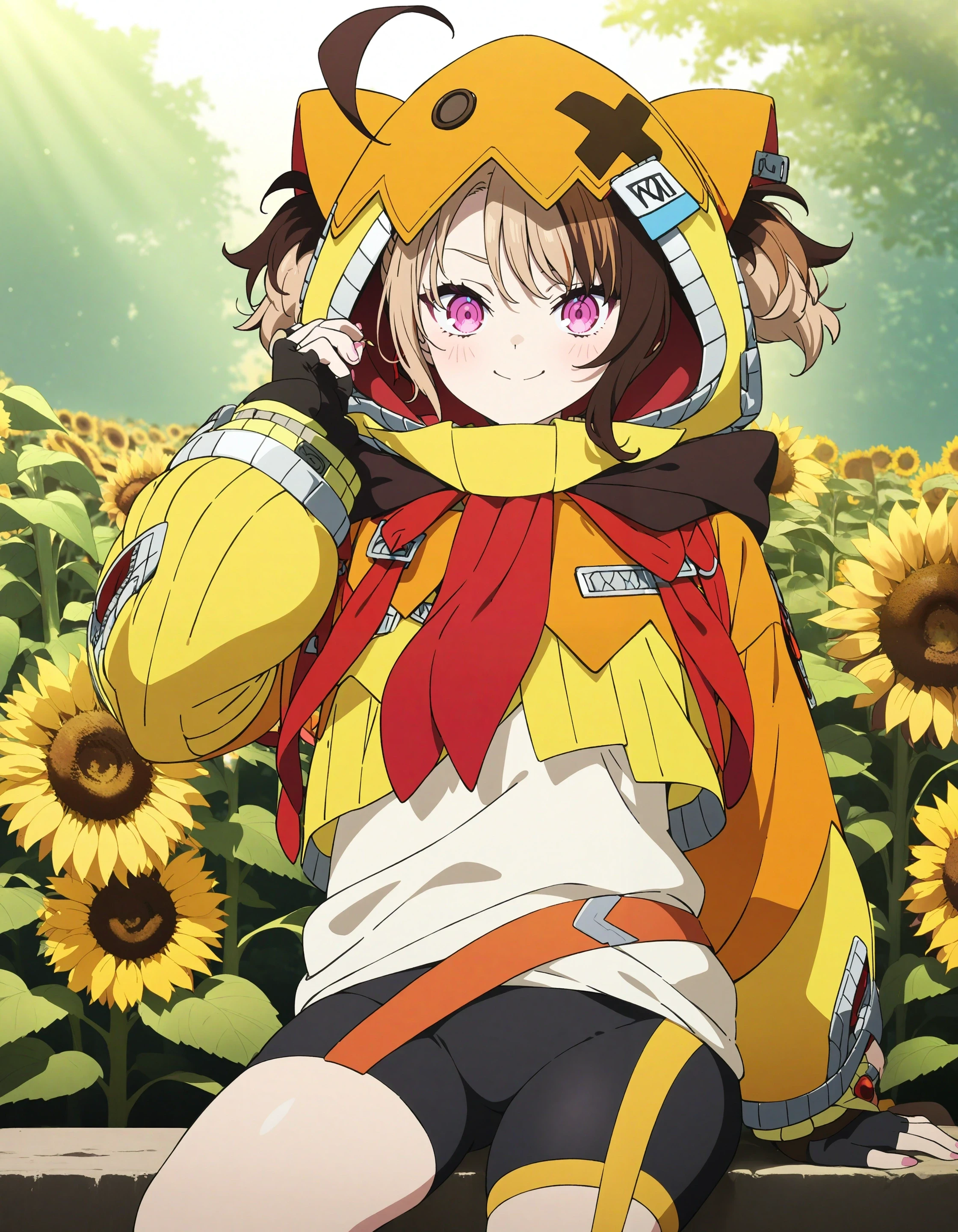 1girl, (gigi murin:1.2),
sousou no frieren, key visual, smile,
looking at viewer, hood up, hair through hood,
hoodie, white shirt, bike shorts, shrug \(clothing\), zipper, fingerless gloves,
sunlight, dappled sunlight, sitting, sunflower field
<lora:char_holojustice-v1.4:1>