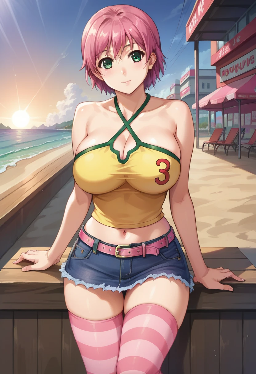 score_9, score_8_up, score_7_up, dynamic lighting, (detailed image, high resolution, 5k resolution:1.0),<lora:Nao_Resort_Boin:0.7>, iihara_nao, short_hair, pink_hair, large breasts, bare shoulders, criss-cross halter, green eyes, cleavage, clothes writing, denim_skirt, belt, navel, striped thighhighs, pink thighhighs, beach