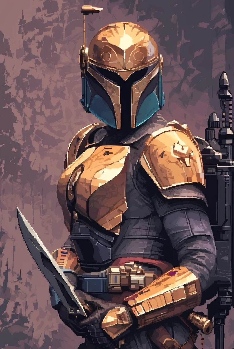 7-MandalorianArmour, solo, gloves, 1girl, holding, weapon, portrait, holding weapon, gun, helmet, knife, science fiction,  holding knife
golden armour, black armour trim, golden patterns, highly precise
[pixel art,  detailed, 7-MandalorianArmour]
<lora:Mandalorian Armour PONY:1>  <lora:d3p1x3lXLP:1>