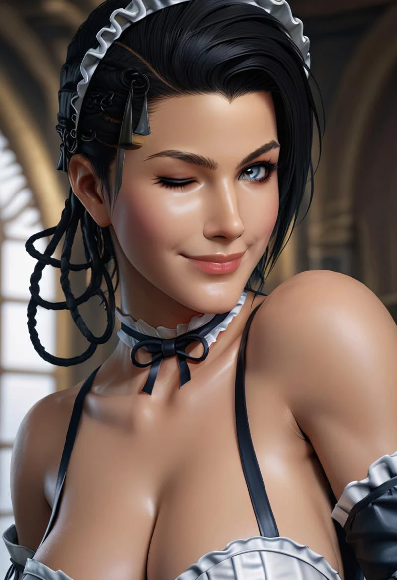 score_9, score_8_up, score_7_up, score_6_up,  
azucena, azucena \(tekken\), 1girl, solo, breasts, looking at viewer, smile, large breasts, black hair, cleavage, bare shoulders, upper body, braid, detached sleeves, one eye closed, choker, blurry, lips, maid, maid headdress, blurry background, realistic