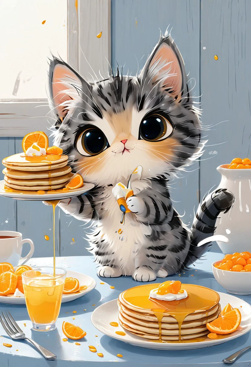 a very cute fluffy chibi kittens with big eyes with a plate of pancakes on table. use only yellow, orange, blue and white colors