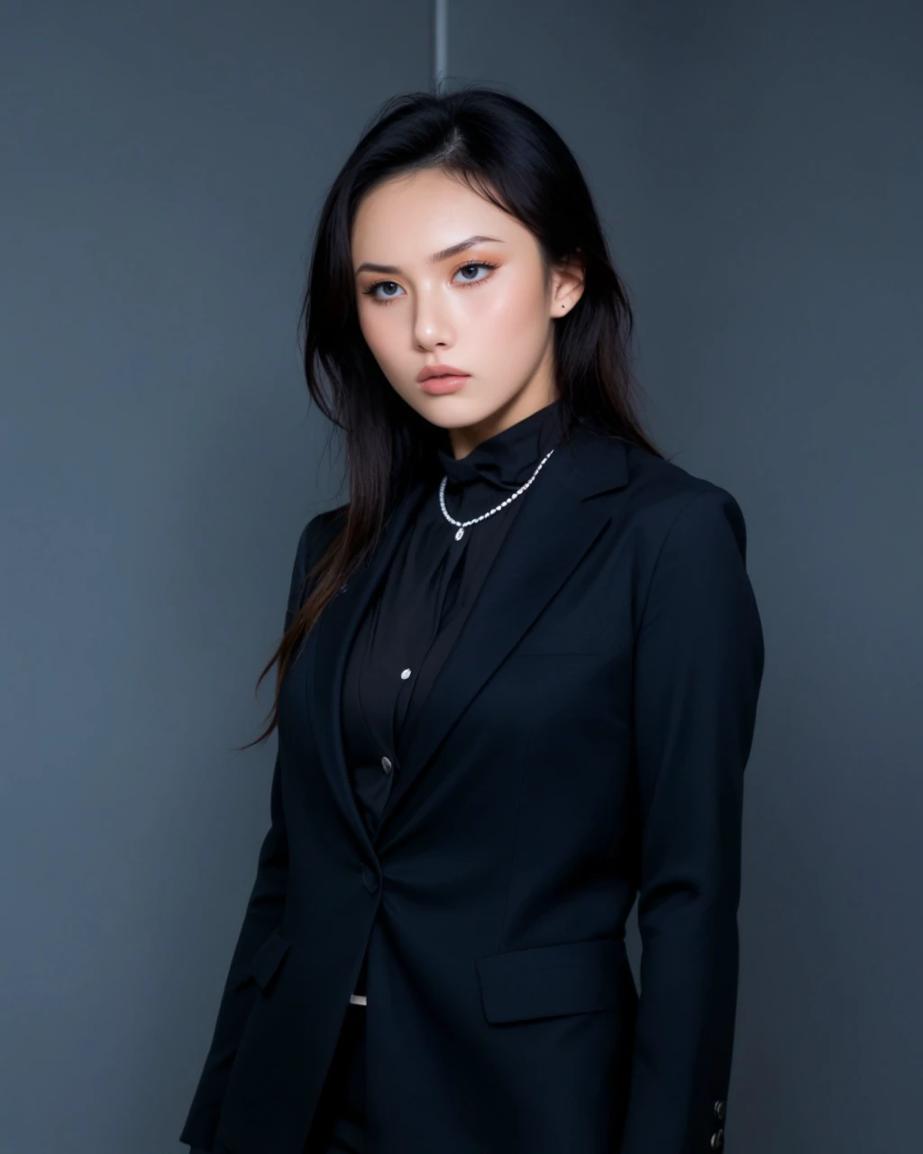 1girl, solo, sfw, <lora:hwasaXL:1>, black eyes, black blazer, RAW photo, best quality