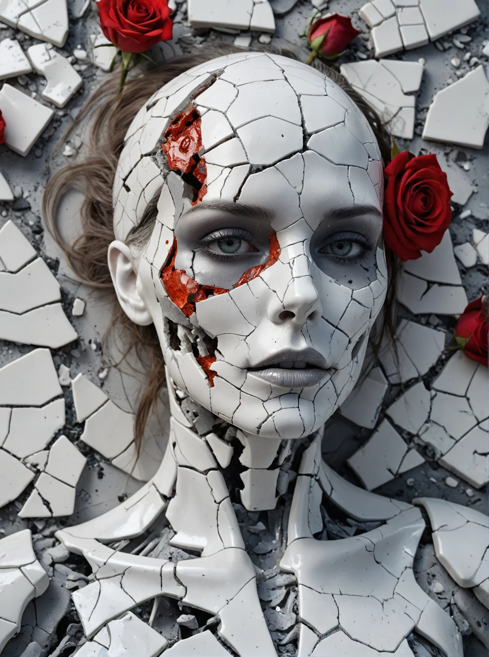Death of a beautiful humanoid female,a broken android,digital art,cracked porcelain face and lava,((ral-lava)),futuristic look,captivating,full body:1.5,skull,fragile,emotional,shatter into fragments,shattered glass,shattered pieces of a woman body,made of porcelain,broken,destroyed,abstract patterns,tile art,roses,portrait photography,cinematic,white and light gray,shallow depth of field,((grayclay))