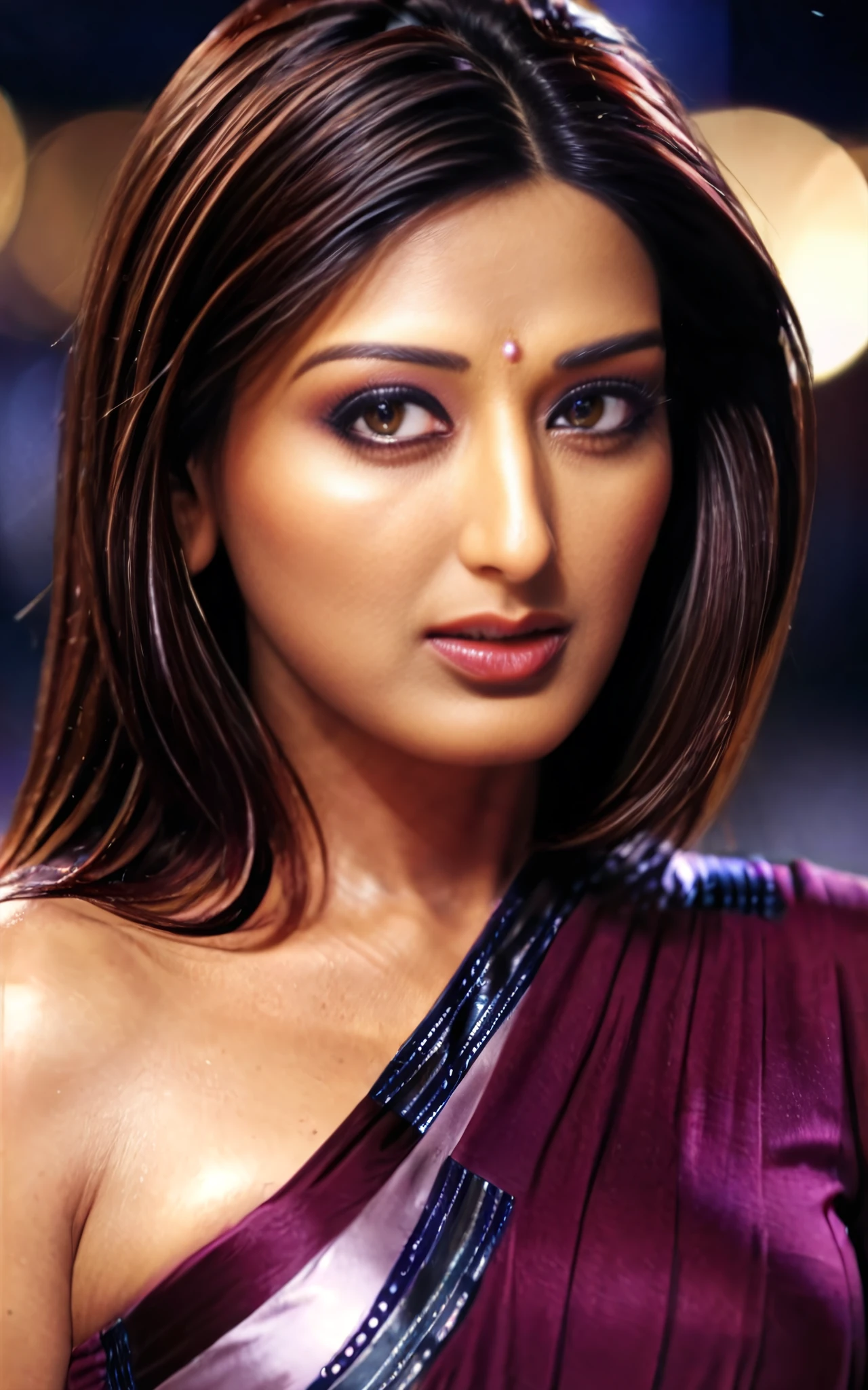 upper body photo of sonali bendre woman, solo, tightly tied hair, serious look, looking at the camera,  Maroon clothing, night time, contrasting background bokeh    <lora:Sonali_Bendre_SDXL_LoRA_prodigy_local:1>