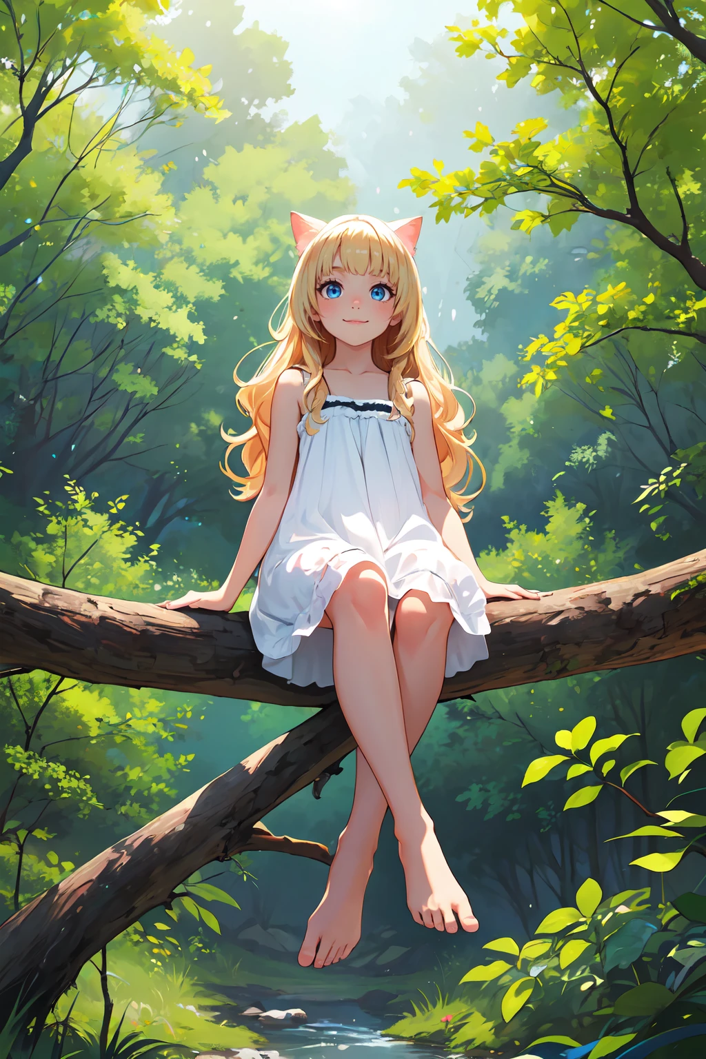 full body of cat girl sitting on branch in forest,best quality,highres,from below,cute,barefoot,white sundress,long hair,wavy hair,blonde hair,bangs,blue eyes,looking at viewer,light smile,closed mouth,scenery,<lora:GoodHands-beta2:1>