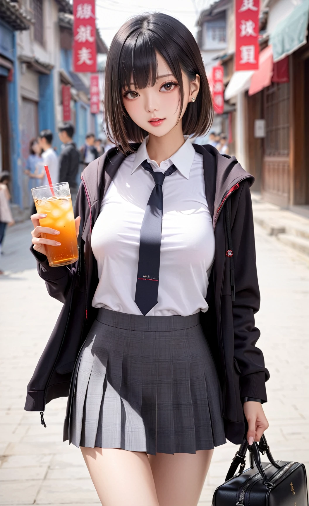 1girl, big breasts, Chinese, (masterpiece, best quality:1), bag, black hair, black jacket, black necktie, black skirt, blurry, blurry background, brown eyes, closed mouth, collared shirt, depth of field, grey skirt, holding, holding drink, hood, hood down, hooded jacket, jacket, long sleeves, necktie, open clothes, open jacket, pleated skirt, school uniform, shirt, skirt, solo, sweater, white shirt