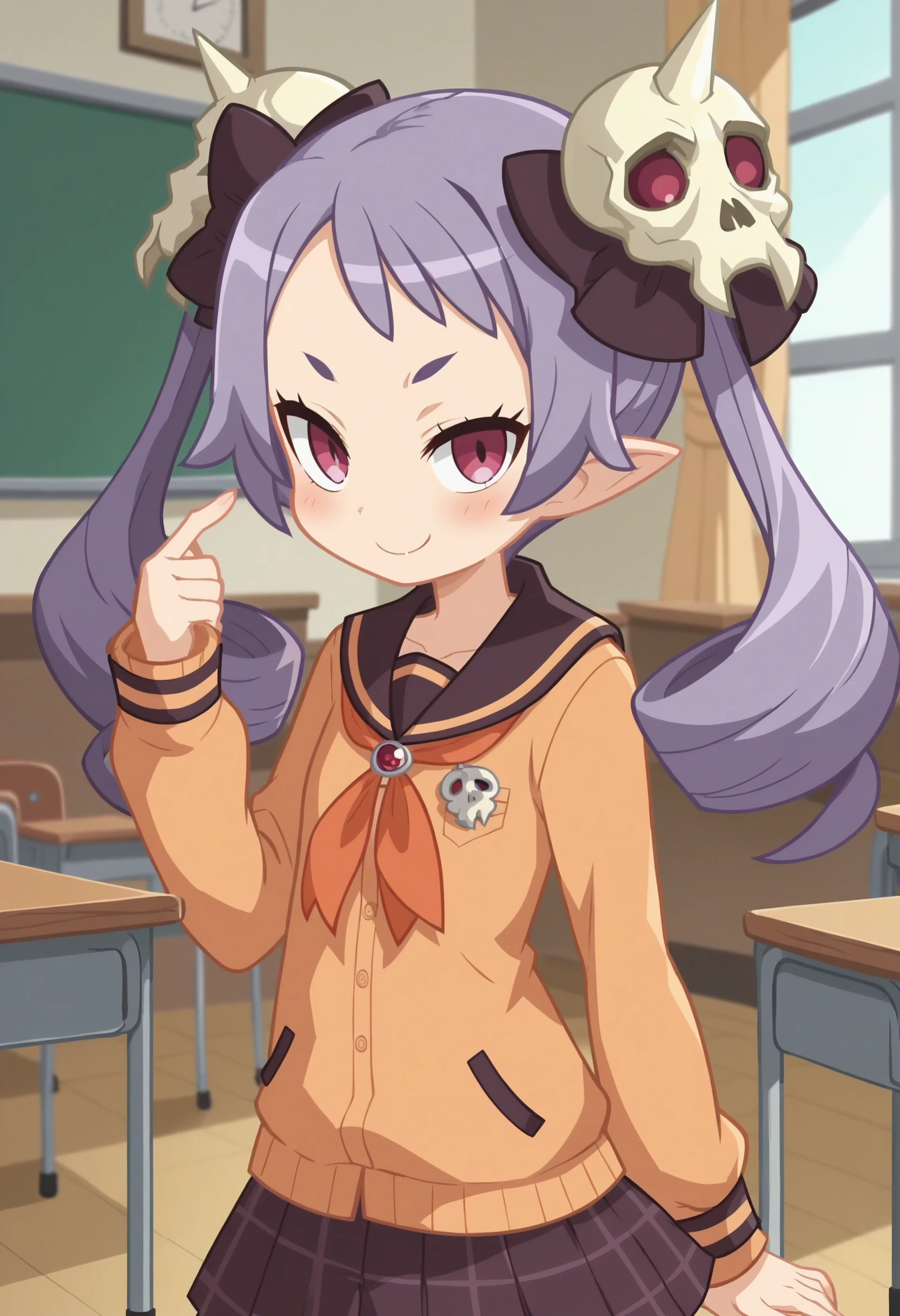 score_9, score_8_up, score_7_up, score_6_up, score_5_up, score_4_up , anime coloring ,BREAK source_anime, anime,screencap,
1girl, solo, majorita, hair ornament, skull hair ornament, (school uniform, plaid skirt), <lora:PonyXL Majorita V3:0.9>
indoors,classroom, smile, looking at viewer,