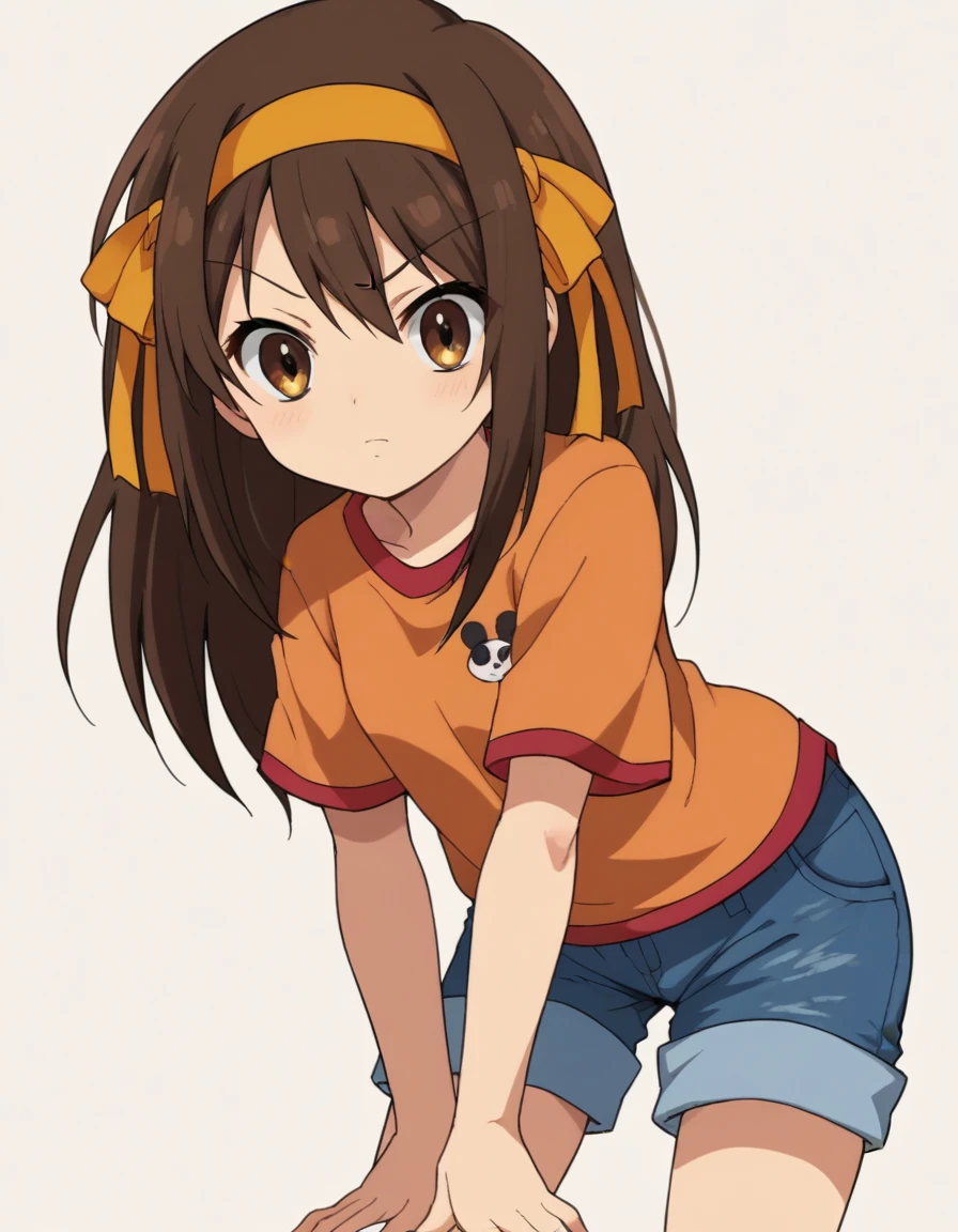 score_9, score_8_up, score_7_up, score_6_up, score_5_up, score_4_up, BREAK source_anime, anime screencap, <lora:HaruhiYXL-08:0.8> HaruhiYXL, 1girl, solo, orange shirt, shorts, ribbon, hair ribbon, hairband, shirt, orange hairband, white background, blue shorts, simple background, denim shorts, leaning forward, looking at viewer, denim