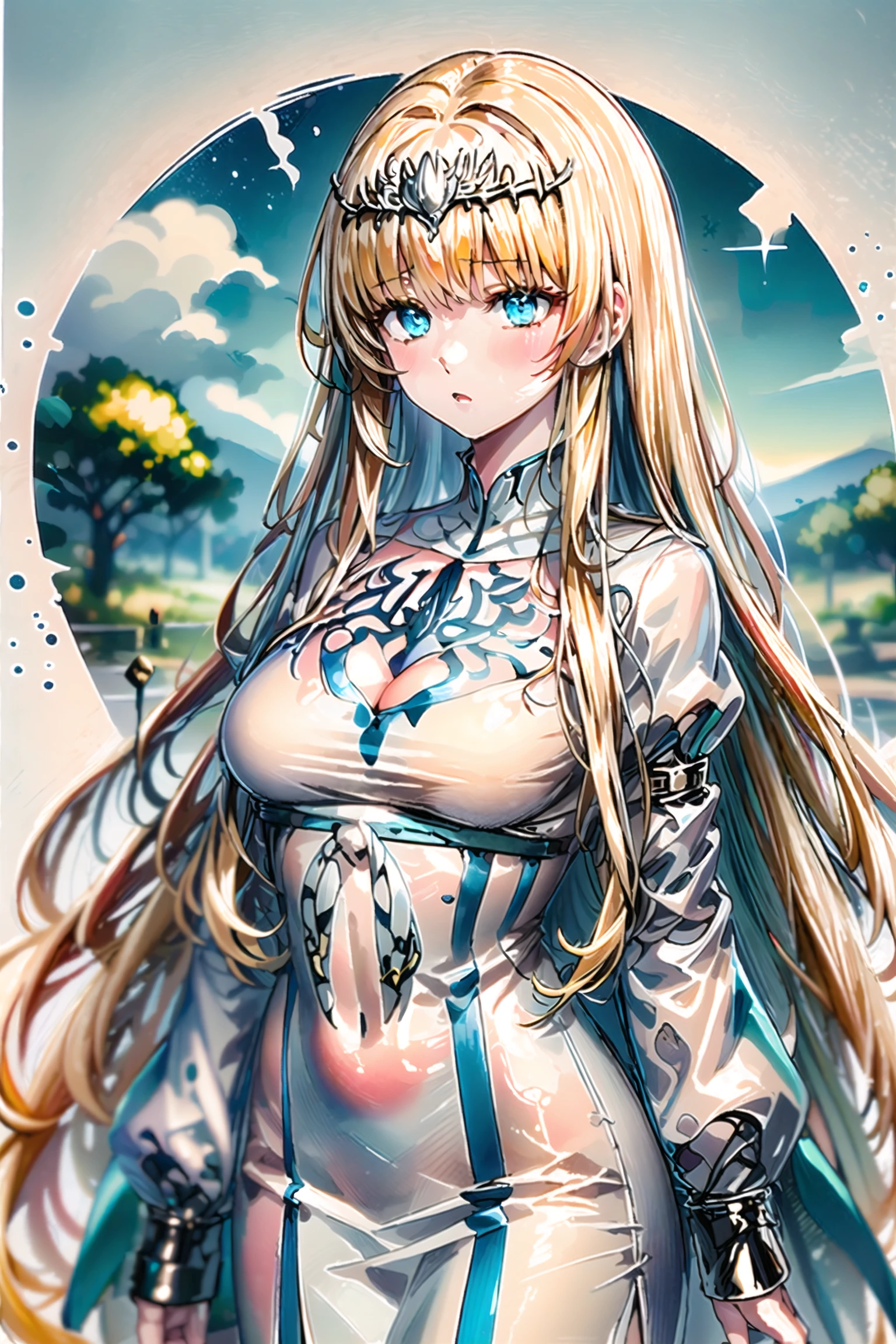 WtrClr,CrclWc,simple background, 1girl, solo, Calca, Calca Bessarez, blonde hair, (extremely long hair:1.3), very long hair, white tiara, white dress, blue eyes, medium chest, medium breast, yellow hair color,extremely long hair<lora:EMS-320354-EMS:0.600000>, <lora:EMS-307702-EMS:0.600000>, <lora:EMS-179-EMS:0.400000>, <lora:EMS-390959-EMS:0.800000>