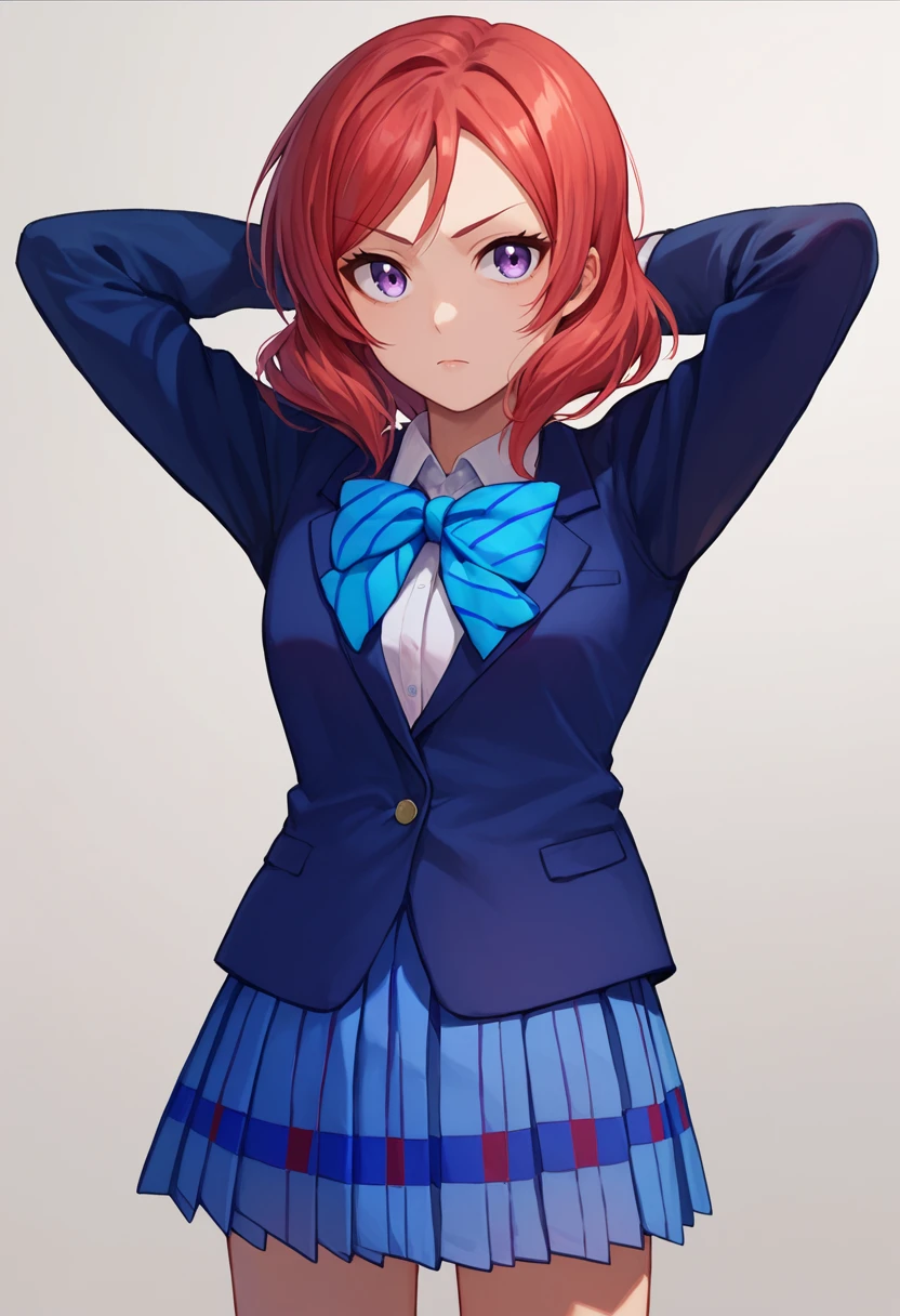 score_9, score_8_up, score_7_up, 1girl, solo,   Nishikino maki, red hair, purple eyes, short hair, aqua bow, blue blazer, pleated skirt,  arms behind head,    <lora:Nishikino Maki TEST-000007:1>