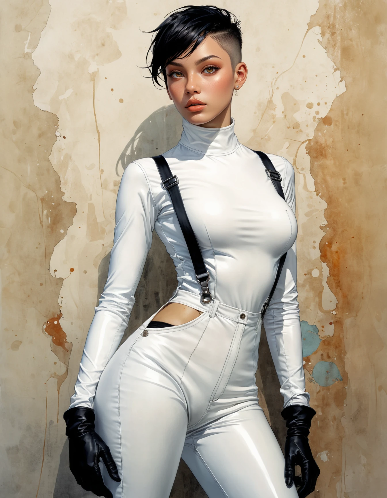 by Jean-Baptiste Monge and Tomer Hanuka, hyper realistic beautiful girl in overalls wearing a tight white latex long sleeve blouse with cutout, perfect huge breasts, short buzzcut hair, tomboy, hyper - feminine, pronounced femininity in a cool dynamic pose, hyper detailed, comic book cover art, bold lines, expressive drawing, award winning, (intricate details, masterpiece, best quality:1.4), abstract painted background
looking at viewer, dynamic pose