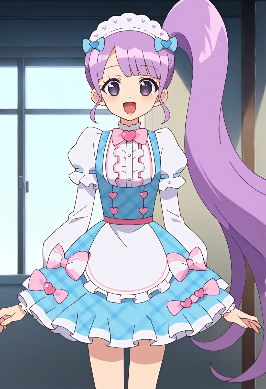 score_9, score_8_up, score_7_up, score_6_up, score_5_up, score_4_up, source_anime,
solo, 1girl, prinonb, side ponytail, very long hair, purple eyes, anime screencap,
blue dress, plaid, maid headdress, hair bow, blue bow, pink bow, puffy sleeves, long sleeves, ribbon trim,
looking at viewer, smile, open mouth,
<lora:_manaka_non-elesico-pony-e12:0.9>