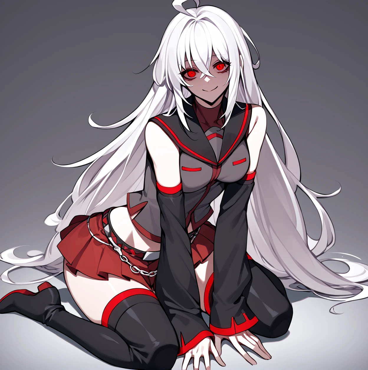 source_anime, score_9, score_8_up, score_7_up, 1girl, solo, sexy, thick thighs,  on knees, looking at viewer, white hair, long hair, detached sleeves, red eyes, smile, yandere, ahoge, sleeves past wrists, thigh boots, skirt, 
<lora:Snow:0.5><lora:Sukone_Tei-000010:1>