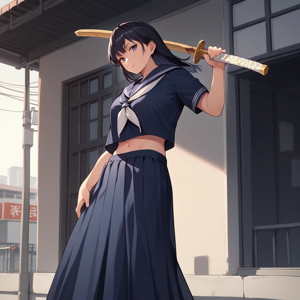 score_9,score_8_up,score_7_up,score_6_up,source_anime,rating_questionable, 1girl, solo, urban setting, <lora:Sukeban__Delinquent_Girl_Outfit:0.8> sukeban, dark blue serafuku,wooden sword, long skirt, navel,, zPDXL2,