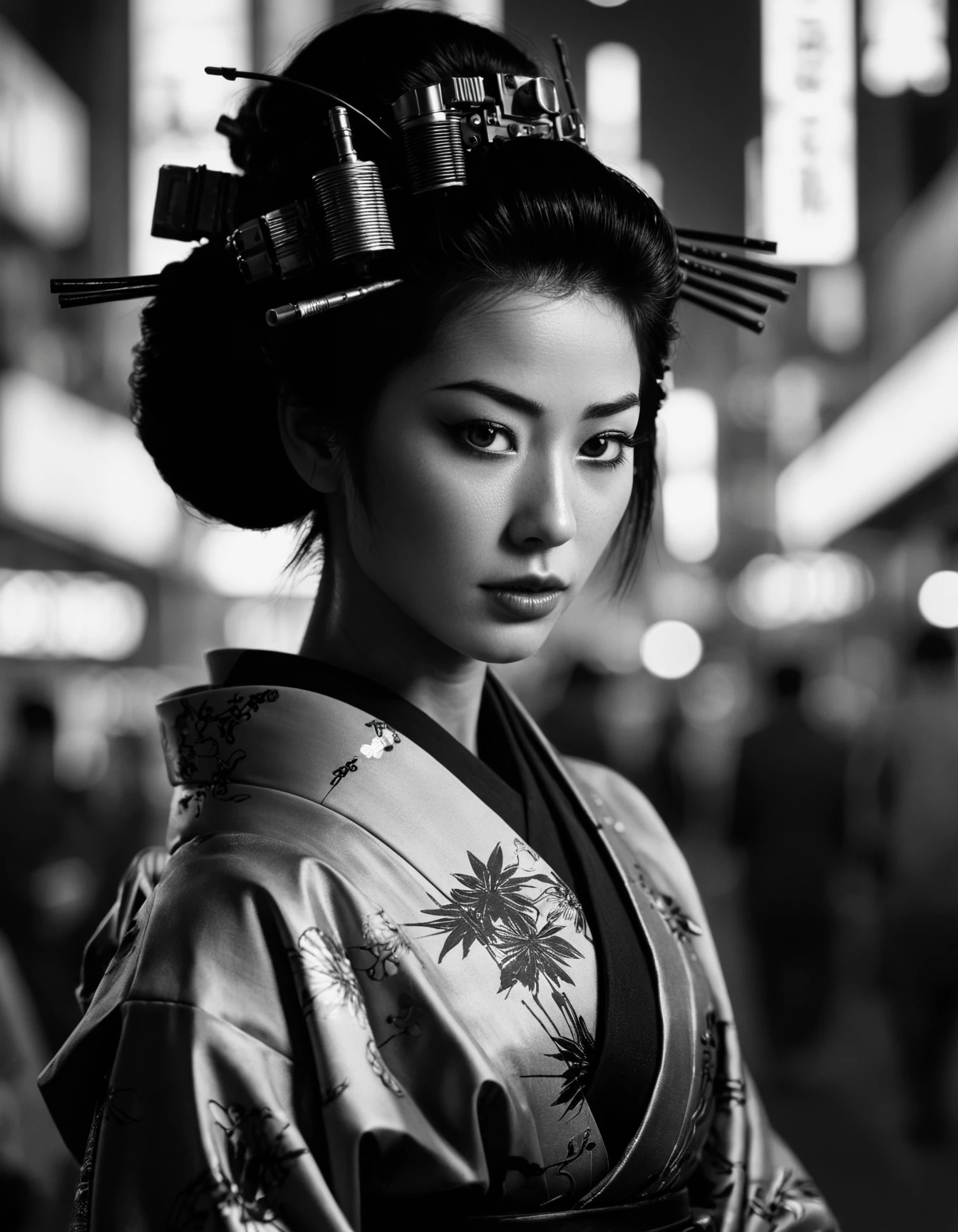 highly detailed and hyper realistic photo, by Hans Hartung, lee friedlander , a extremely beautiful neotraditional cyberpunk geisha in a futuristic cyberpunk setting of Neo Tokyo , limited dark palette, monochrome, faded, atmospheric haze, highly dramatic cinematic lighting, motion blur, film grain, professional, excellent composition, finest details, maximized details, ultimate detail level, masterpiece, best quality, ISO 300, 1/250s, F/2,8, 38 mm, extremely high quality RAW photograph, 4k, sharp focus, high resolution, 8k UHD, DSLR, high quality, film grain, Fujifilm XT3