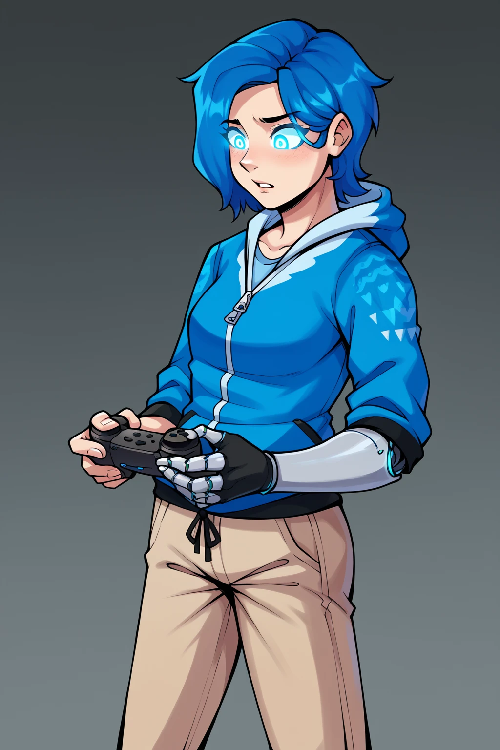 Anime, score_9, score_8_up, score_7_up,BREAK, 1girl, Tari, Blue Hoodie, tan pants, Mechanical Arm, Blue Hair, Glowing Eyes, Videogame Controller<lora:EMS-410457-EMS:1.000000>