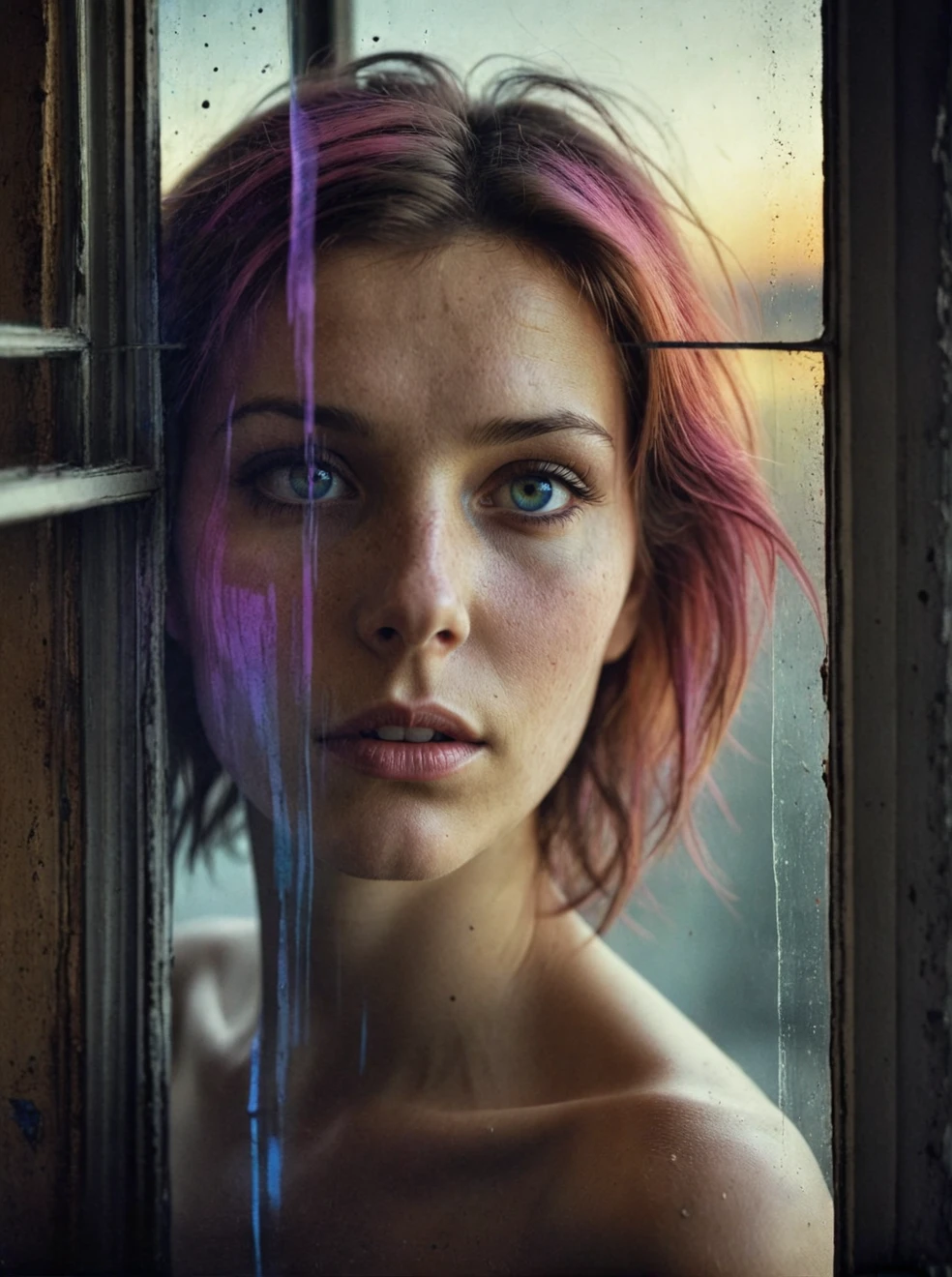 Grunge style a beautiful Woman close-up portrait,Luminous,matserpiece,Chris Cunningham,George Christakis,window,colorful