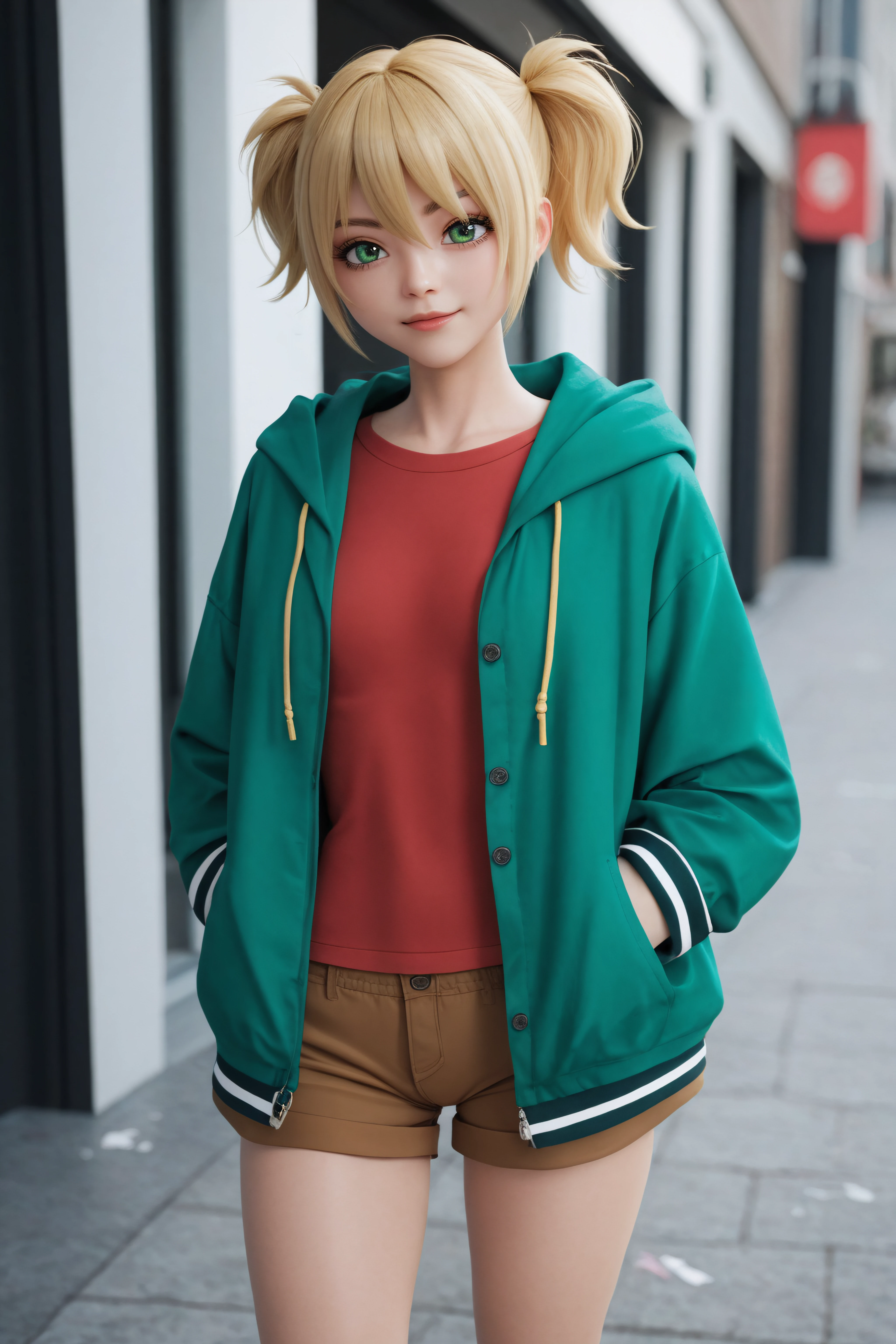 score_9, score_8_up, score_7_up, BREAK source_anime, <lora:Young Cal Devens-PonyXL-lora-Faxtron:0.8> young cal devens, green eyes, blonde hair, short twintails, red shirt, green hooded jacket, brown shorts,