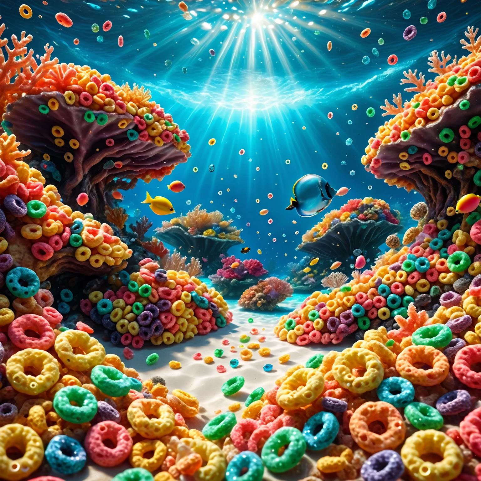 made of Fruit loops , epic digital picture of many different diamonds laying deep in the ocean surrounded by glowing coral reefs, masterpiece, dramatic cinematic lighting, unforgettable, very intricate, high detail , photorealistic detail, ultra-realism , photorealistic,  ultra detailed ,octane render,    <lora:FruitLoopStyle_epoch_9:0.4>  <lora:SDXLFaeTastic2400:0.5>