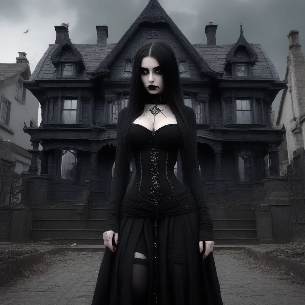 a goth cute girl in a goth clothing with a goth house in the middle of a goth city, very thin hourglass waist, black extremely long hair, raw, masterpiece, extreme ultra best picture, extreme ultra intricate creative detail, extreme hyper realistic detail, extreme ultra hyper photo realism, extreme ultra-hyper immersive visuals, extreme 3D realistic, ultra 4080p, HD, VFX, SFX, FKAA, TXAA, RTX, SSAO