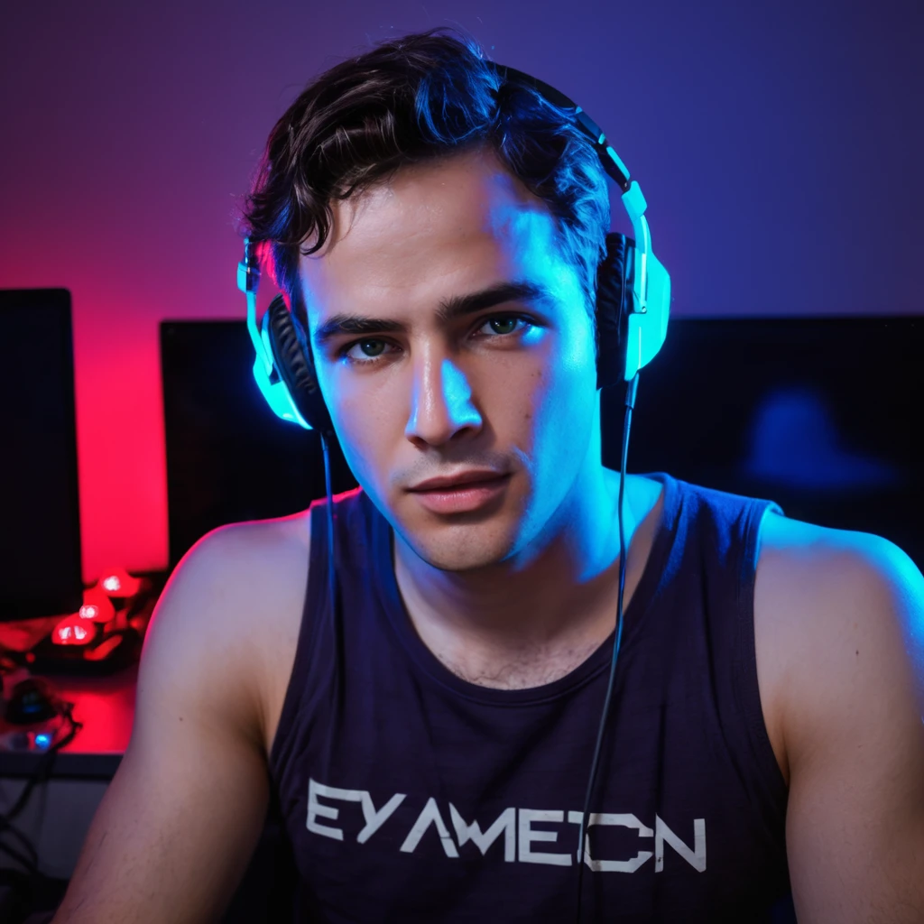 half body photo of m4r10n a man, twitch streamer playing video games on his pc, ear phones, cut-off tank tops, streamer bedroom, ((neon lights)), realistic, highly detailed, realistic eyes, intricate details, detailed background, depth of field, (looking at viewer:1.3),  solo shot,  <lora:Marlon_Brando_SDXL_Jugx_trigger_m4r10n:.8>