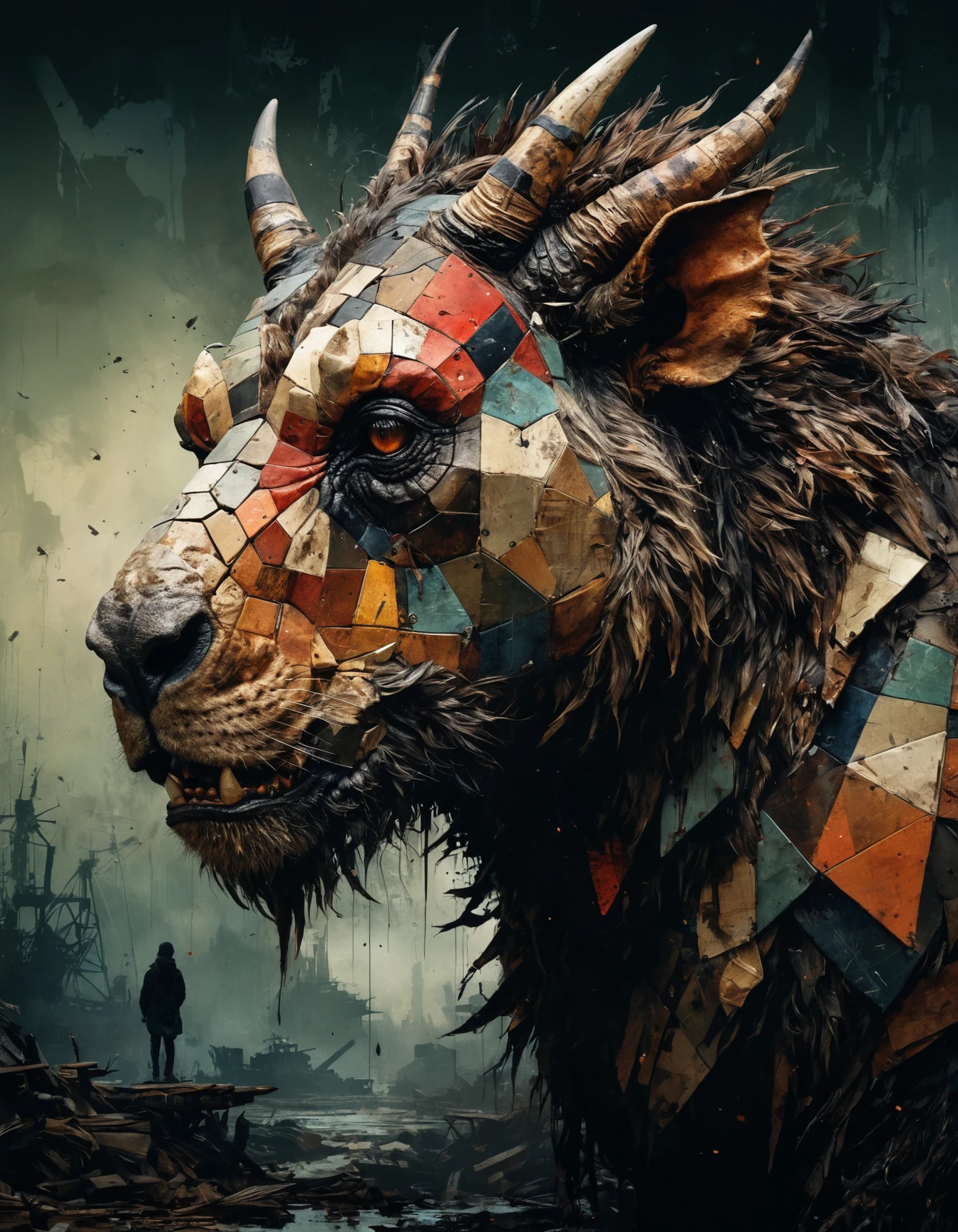 highly detailed and hyper realistic photo, by Russ Mills , by Constant Permeke , by Alex Colville , a gargantuan monstrous creature animal , in the style of patchwork surreal collage, limited dark palette, unusual dark colors, faded colors, atmospheric haze, highly dramatic cinematic lighting, motion blur, film grain, professional, excellent composition, finest details, maximized details, ultimate detail level, masterpiece, best quality