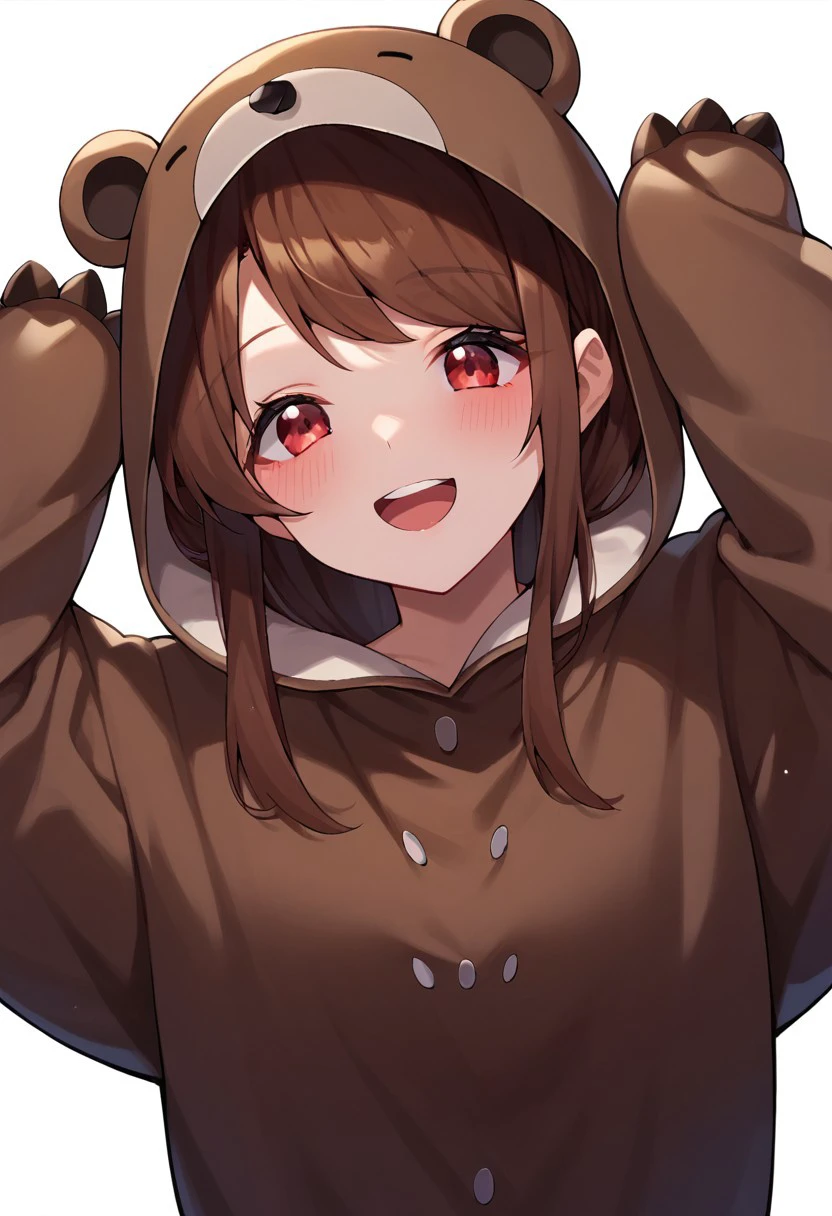 score_9, score_8_up, score_7_up, bear costume, 1girl, solo, looking at viewer, blush, red eyes, long hair, smile, long sleeves, brown hair, open mouth