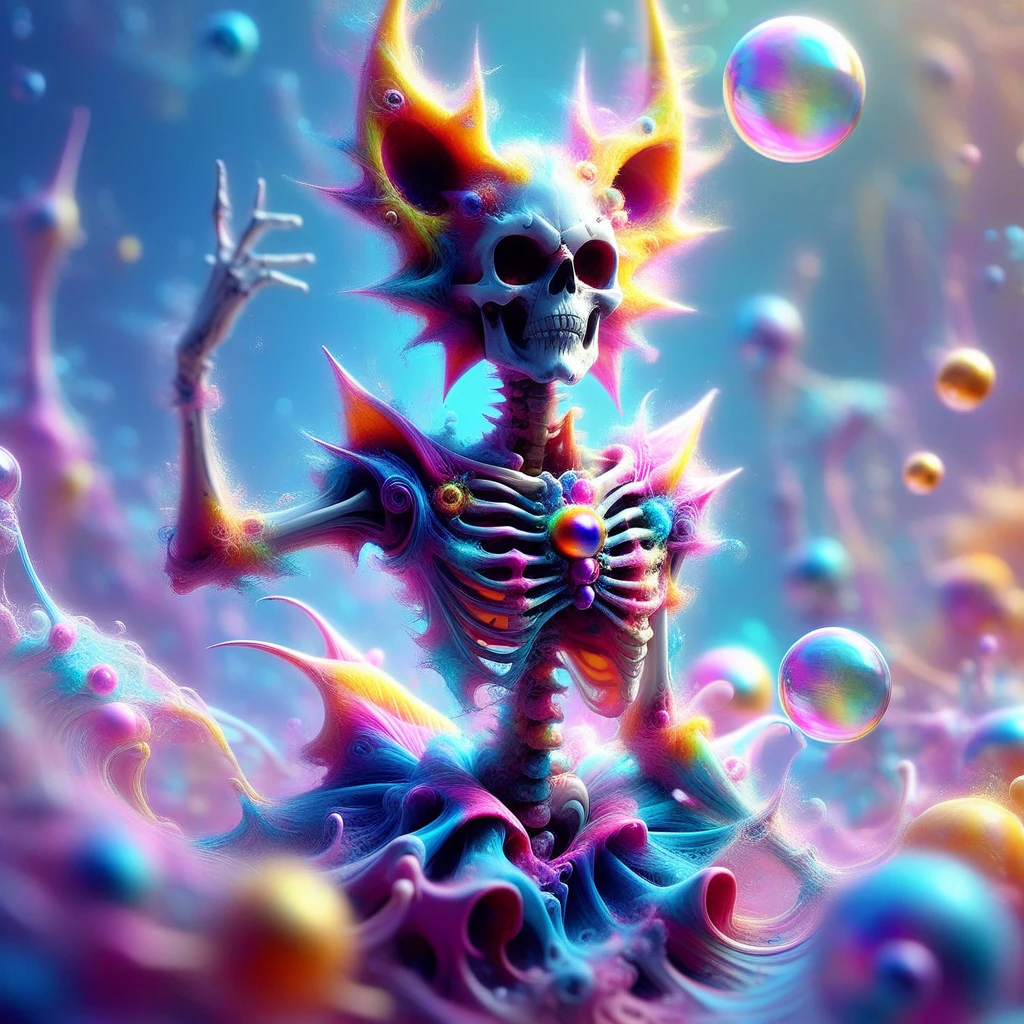 sun, pointy ears, skeleton, bubble, blurry background, abstract, looking at viewer, magical girl