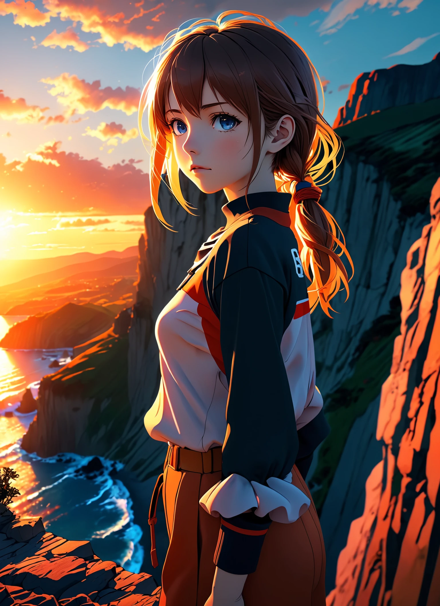 photorealistic highly detailed 8k raw anime artwork, A young woman in a Dramatic Cliffside Sunsets landscape, anime style, key visual, vibrant, studio anime, intricate details <lora:Image Enhancer XL Extreme v2:0.4>