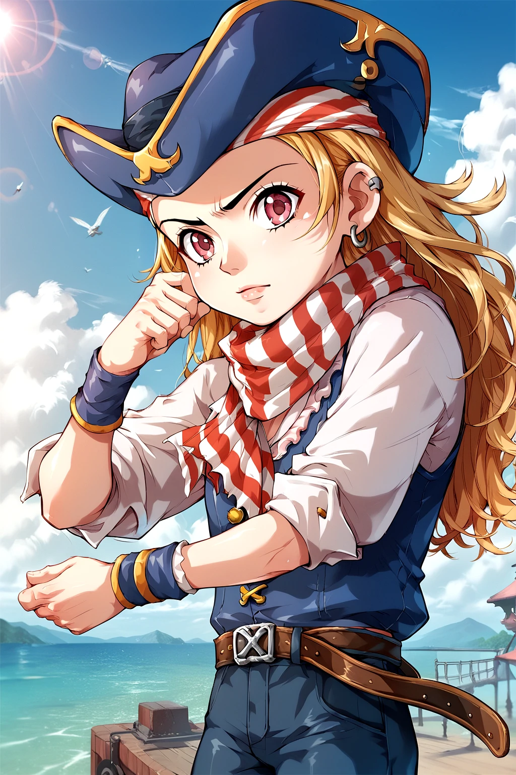 score_9, score_8_up, score_7_up, score_6_up, score_5_up, score_4_up, 1girl, nsfw, source_anime, solo, Kyrin, blonde hair, long hair, red and white striped bandana, pirate hat, pink eyes, red and white striped scarf, vest, shirts, wristband, belt, pants, <lora:Kyrinpony:0.75>, <lora:Concept Art Eclipse Style LoRA_Pony XL v6:0.6>, kid