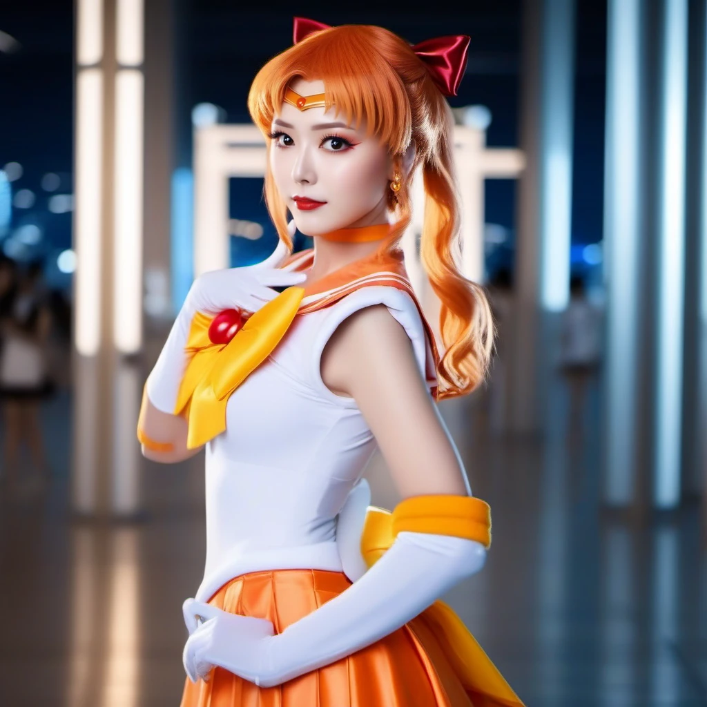 cinematic photo  1girl, orange hair, bow, sailor senshi uniform, orange skirt, sailor collar, gloves, high heels boots, japanese background <lora:SailorMoonStyle1024:0.9> . 35mm photograph, film, bokeh, professional, 4k, highly detailed