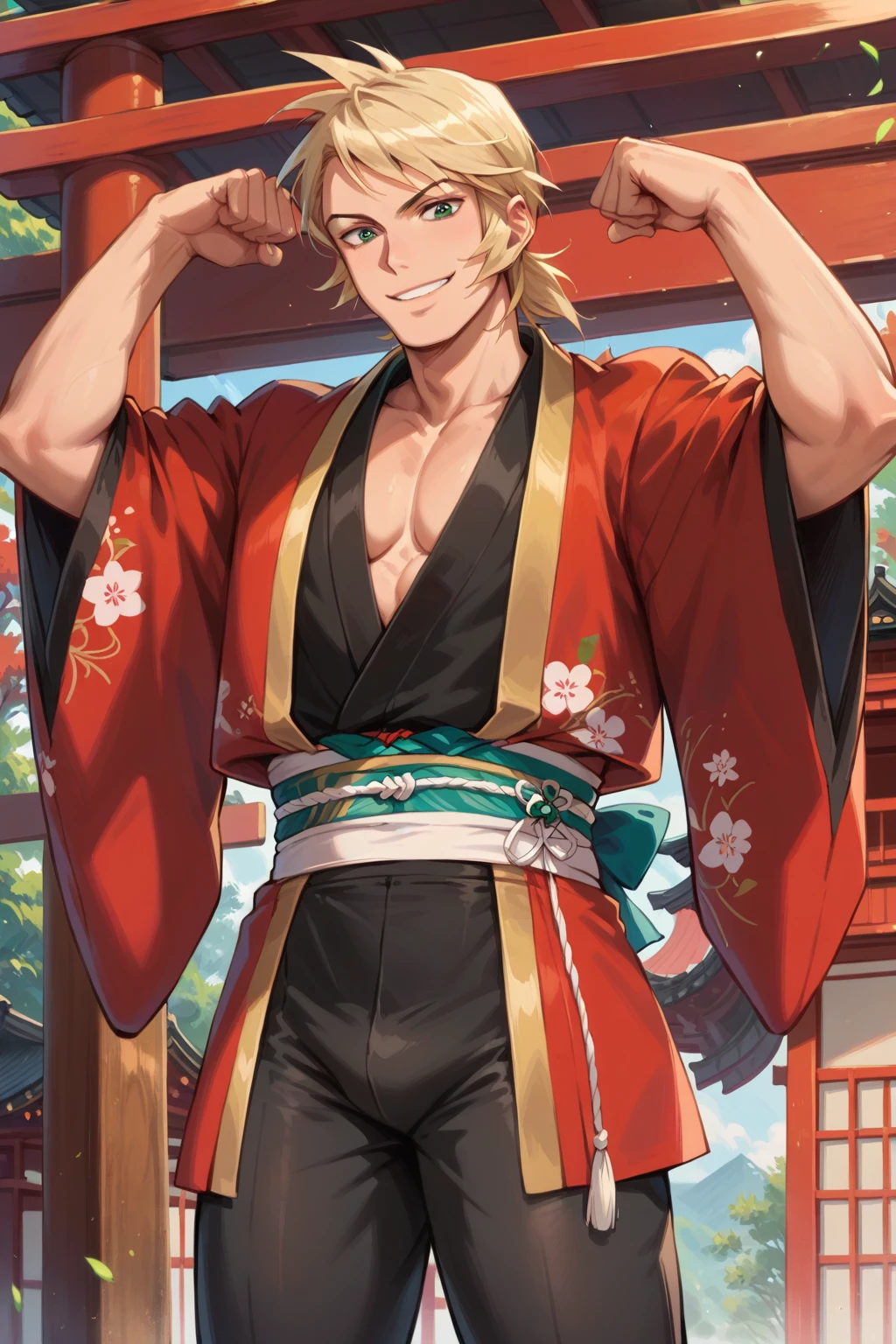 (score_9, score_8_up:1.1), score_7_up, man, solo, blonde hair, green eyes, toned body, red kimono, short kimono, tights, smile, looking at viewer, flexing, japanese shrine, cowboy shot