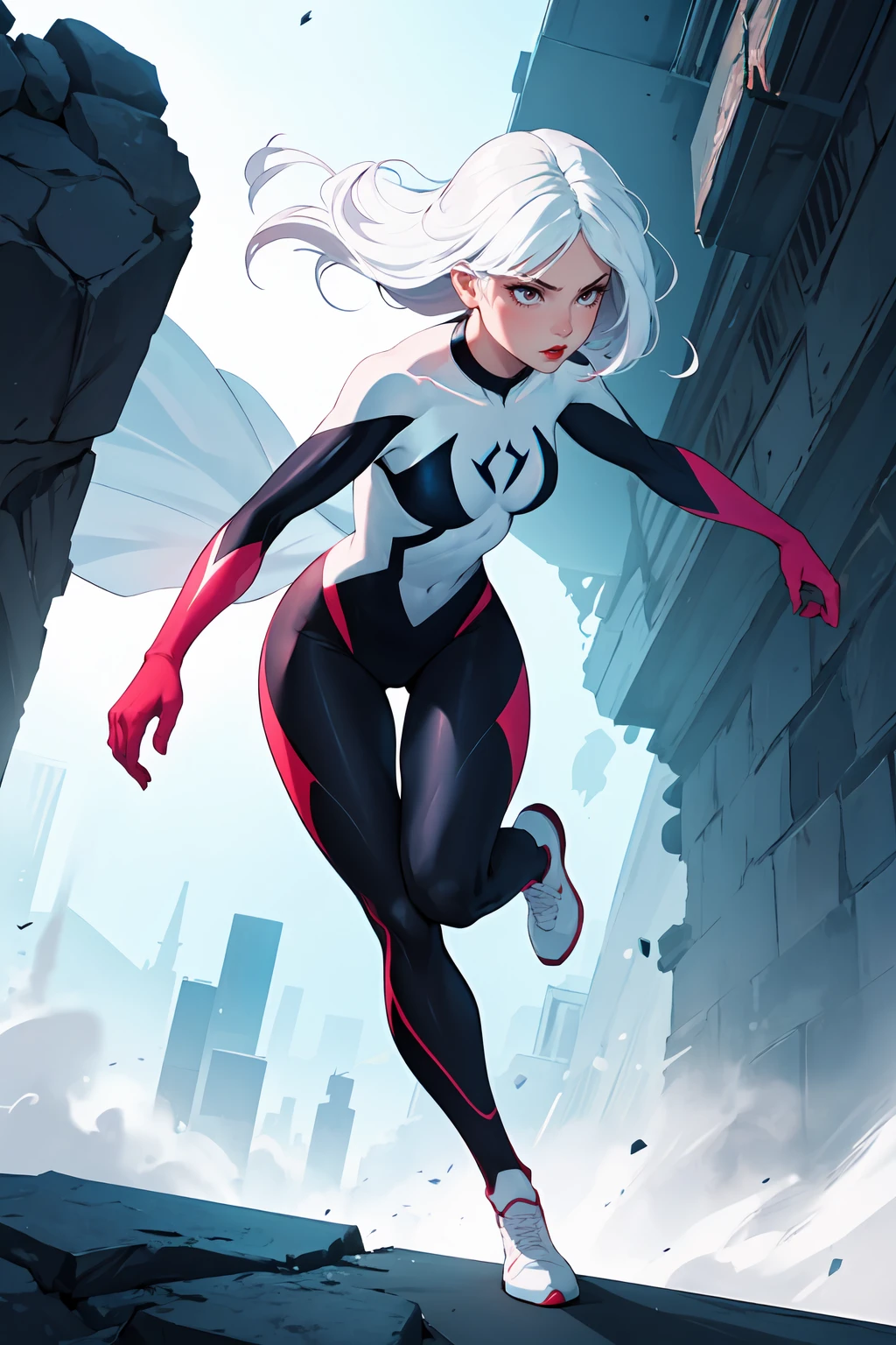masterpiece, best quality, 1girl, full body, action scene, dynamic pose, spider gwen, white hair, Cute Loose Bob hairstyle, red lips, small breasts, toned, dramatic lighting,scenery,<lora:GoodHands-beta2:1>