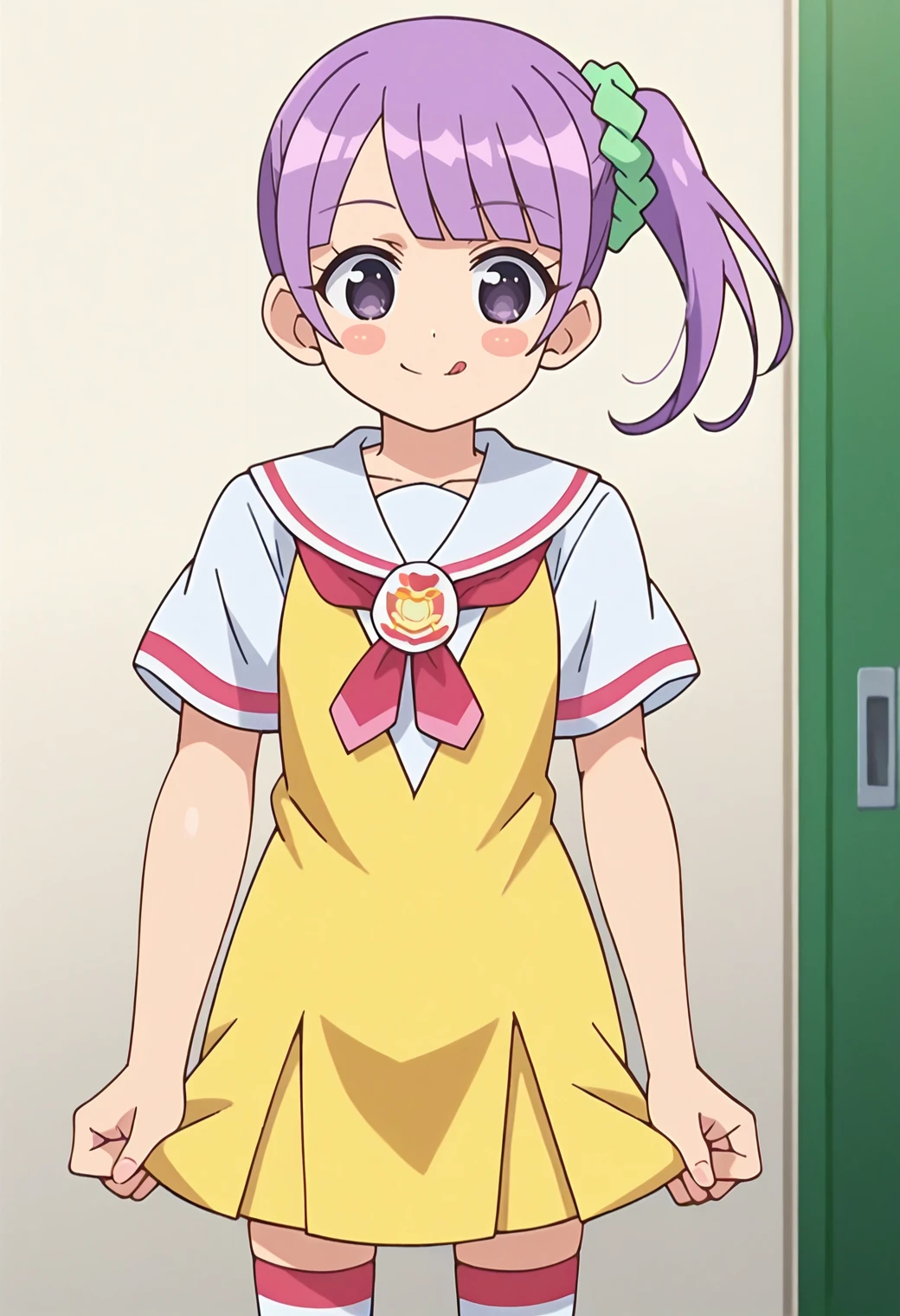 score_9, score_8_up, score_7_up, score_6_up, score_5_up, score_4_up, source_anime,
defnonb, side ponytail, hair scrunchie, blush stickers, anime screencap,
school uniform, yellow dress, white sailor collar, short sleeves, thighhighs, striped,
looking at viewer, smile, tongue out,
<lora:_manaka_non-elesico-pony-e12:0.9>