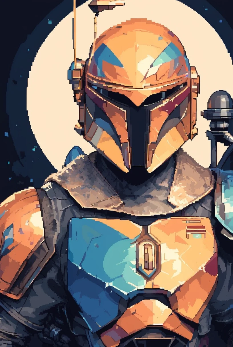 7-MandalorianArmour, solo, 1boy, upper body, male focus, armor, helmet, black background, science fiction, cable
all black armour, blue lighting, cyan reflections
[pixel art, 7-MandalorianArmour]
<lora:d3p1x3lXLP:1>  <lora:Mandalorian Armour PONY:1>